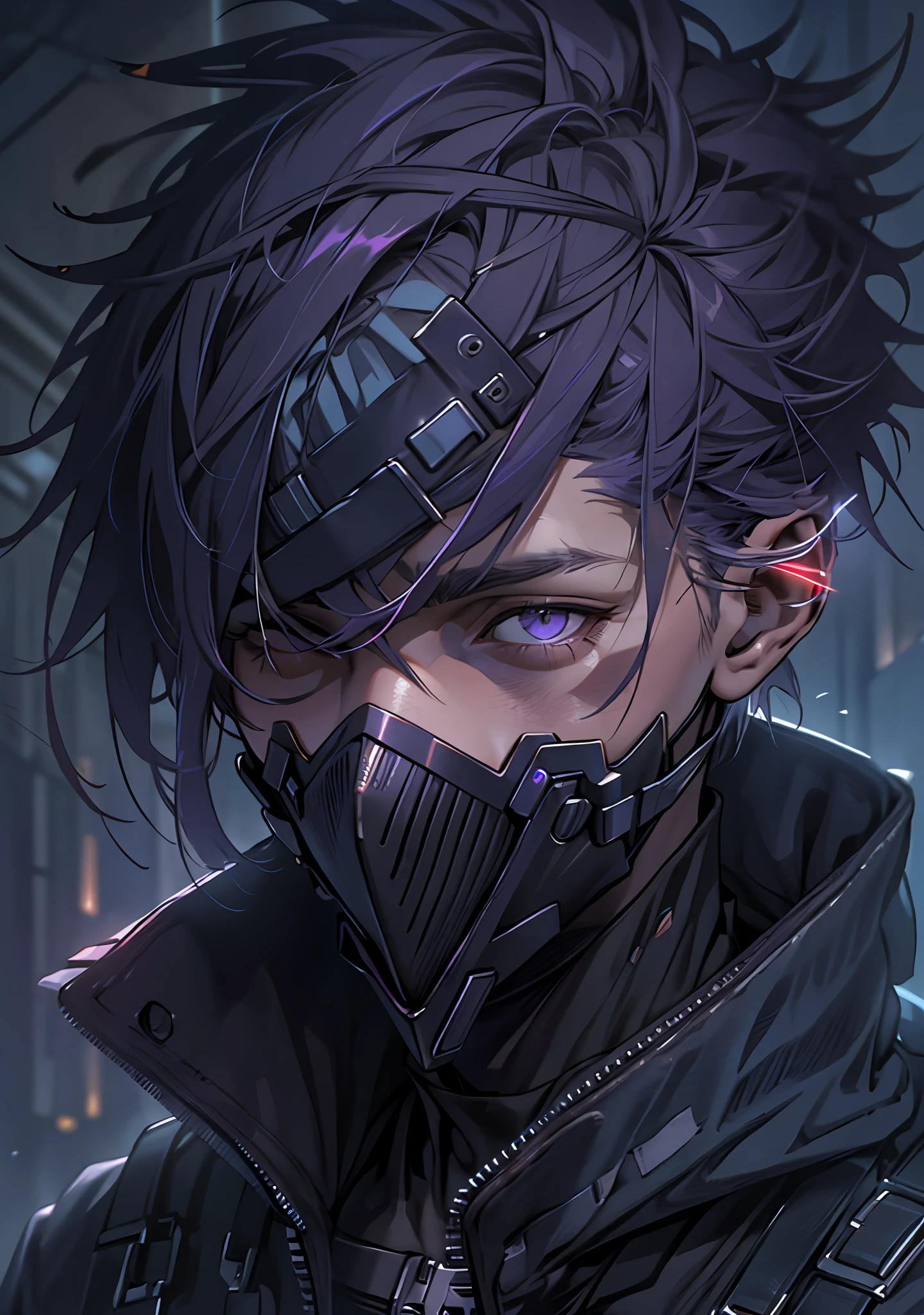 ultra detail, high resolution, ultra detailed, best quality, amazing, top quality, extremely detailed CG 8k wallpaper unit, cinematic lighting, cyberpunk, dark boy, trash gang face mask, 25 purple hair boy, blind with a black bandana covering his eyes