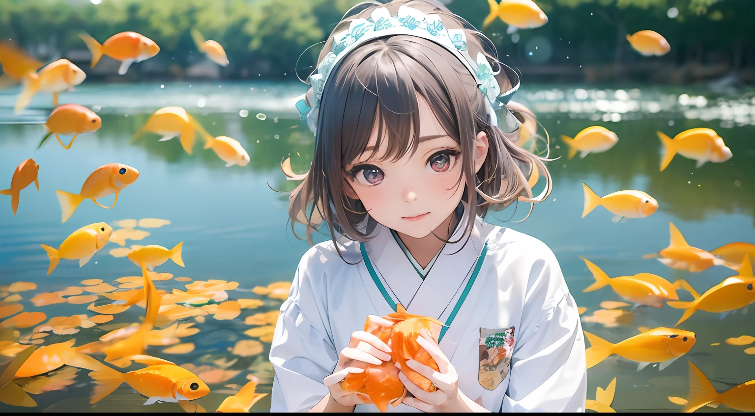 Photo, The girls、japanse, Clothing product samples, Girl scooping goldfish, colored contacts in her eyes, Full body , In summer