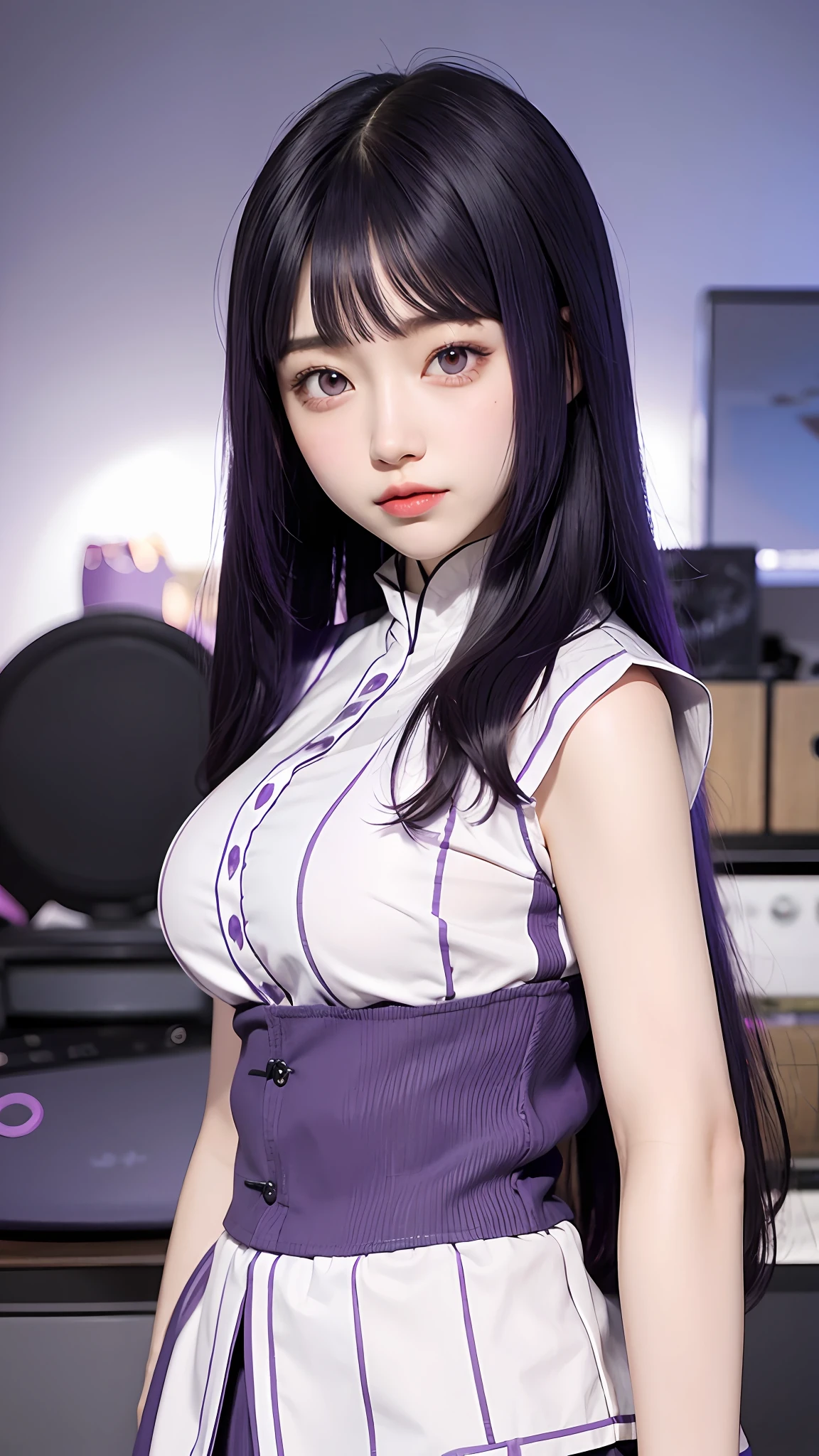 1girl, hyuga hinata, purple hair, white eyes, long hair, purple clothes, big breasts, realistic, ultra detail, indoor background