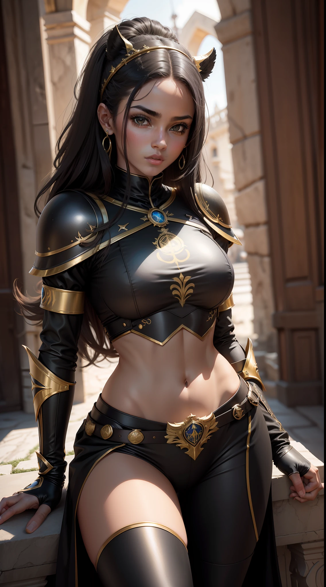 Ultra realista , alta resolução , ultra 8K ,mulher negra , 14 anos , athletic body with black armor and gold color , vestimentas de Rei, um cavaleiro Rei, Ultra resolution , Trono do castelo