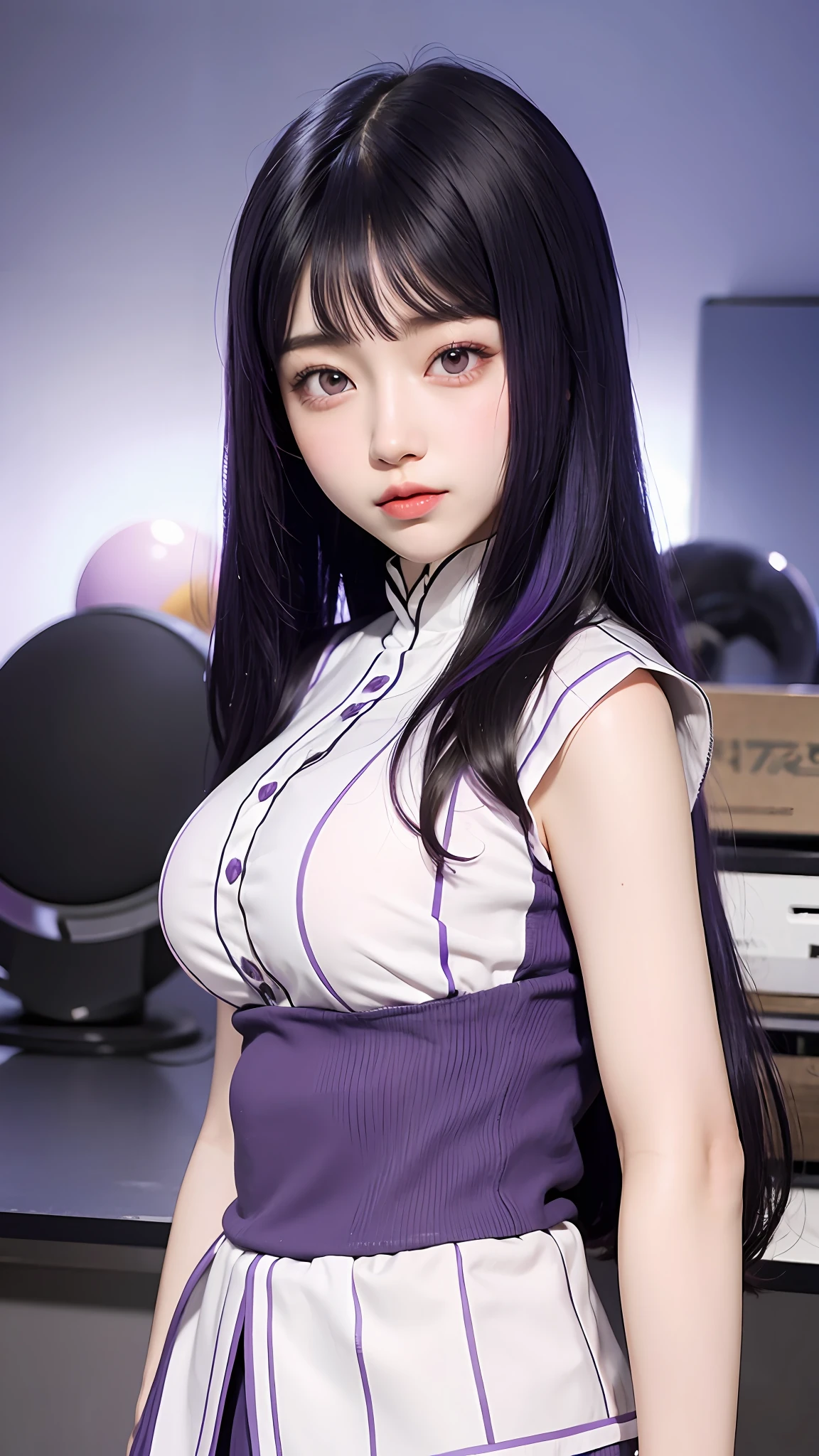 1girl, hyuga hinata, purple hair, white eyes, long hair, purple clothes, big breasts, realistic, ultra detail, indoor background