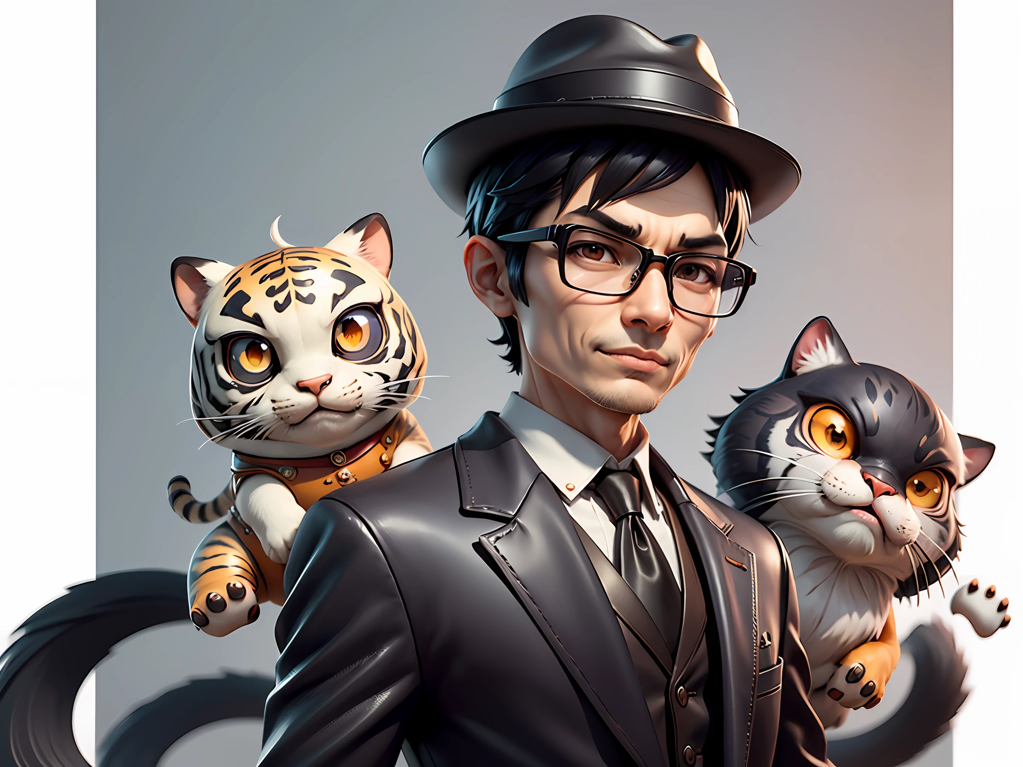 Young man with oriental face in leather hat, tiger, oriental face in formal suit, short black hair, silver glasses, digital painting, 3D character design by Mark Clairedon and Pixar and Hayao Miyazaki and Akira Toriyama, the illustration is a high-definition illustration in 4K resolution with very detailed facial features and cartoon-style visuals.