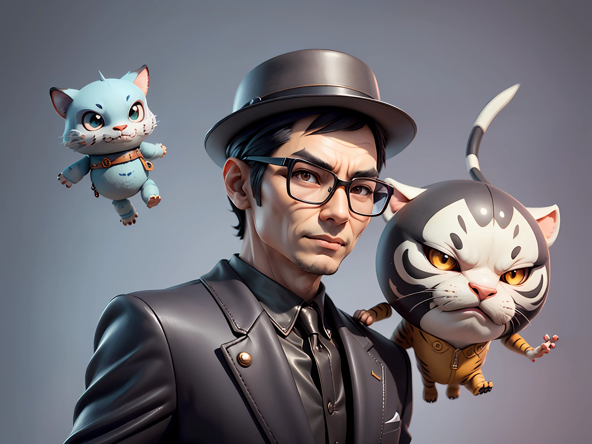 Young man with oriental face in leather hat, tiger, oriental face in formal suit, short black hair, silver glasses, digital painting, 3D character design by Mark Clairedon and Pixar and Hayao Miyazaki and Akira Toriyama, the illustration is a high-definition illustration in 4K resolution with very detailed facial features and cartoon-style visuals.