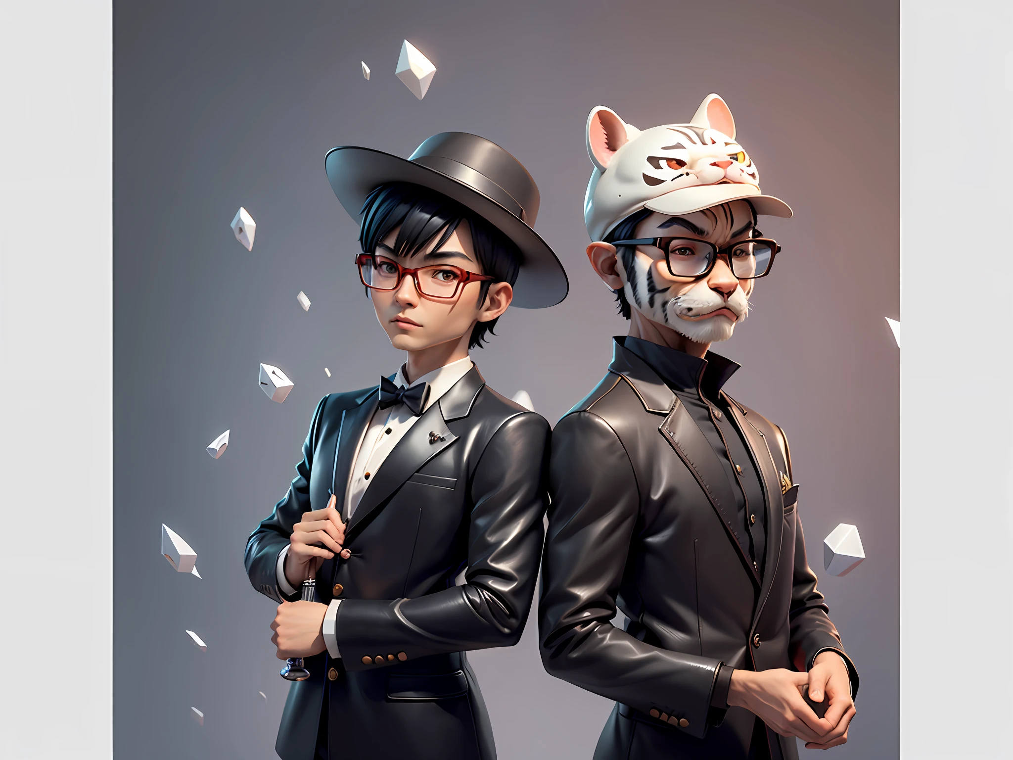 Young man with oriental face in leather hat, tiger, oriental face in formal suit, short black hair, silver glasses, digital painting, 3D character design by Mark Clairedon and Pixar and Hayao Miyazaki and Akira Toriyama, the illustration is a high-definition illustration in 4K resolution with very detailed facial features and cartoon-style visuals.