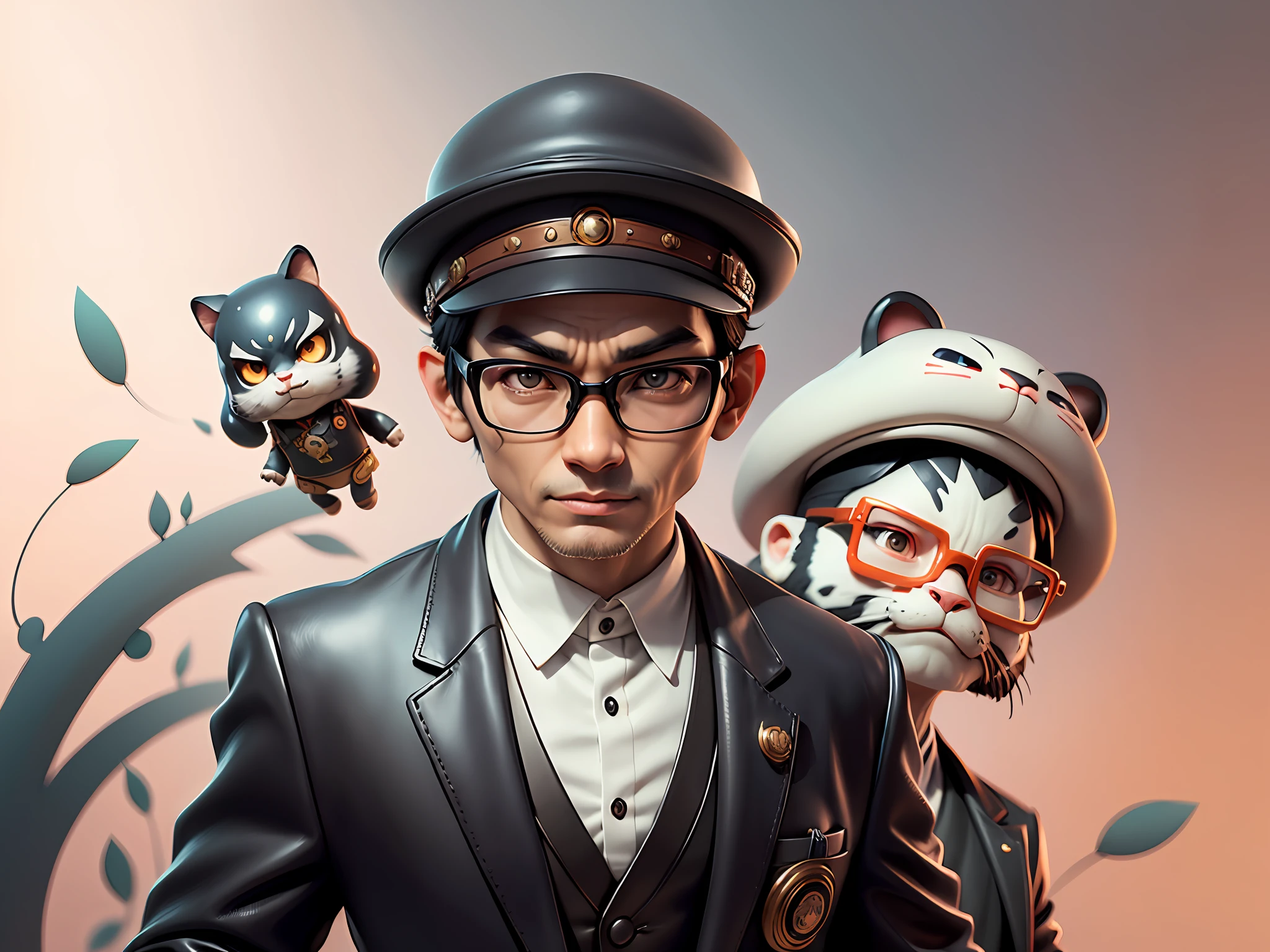 Young man with oriental face in leather hat, tiger, oriental face in formal suit, short black hair, silver glasses, digital painting, 3D character design by Mark Clairedon and Pixar and Hayao Miyazaki and Akira Toriyama, the illustration is a high-definition illustration in 4K resolution with very detailed facial features and cartoon-style visuals.