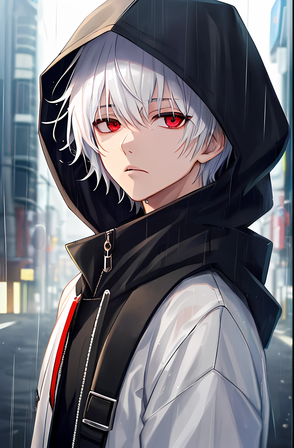 kk, best quality, more details, masterpiece, 1boy, kaneki ken, portrait, male focus, red eyes, solo, bangs, looking at viewer, hood, short hair, rain, tokyo tokyo \(city\), hood up, nail polish, white hair, luxurious, 8k, detailed, ray tracing, depth of field, cinematic lighting,