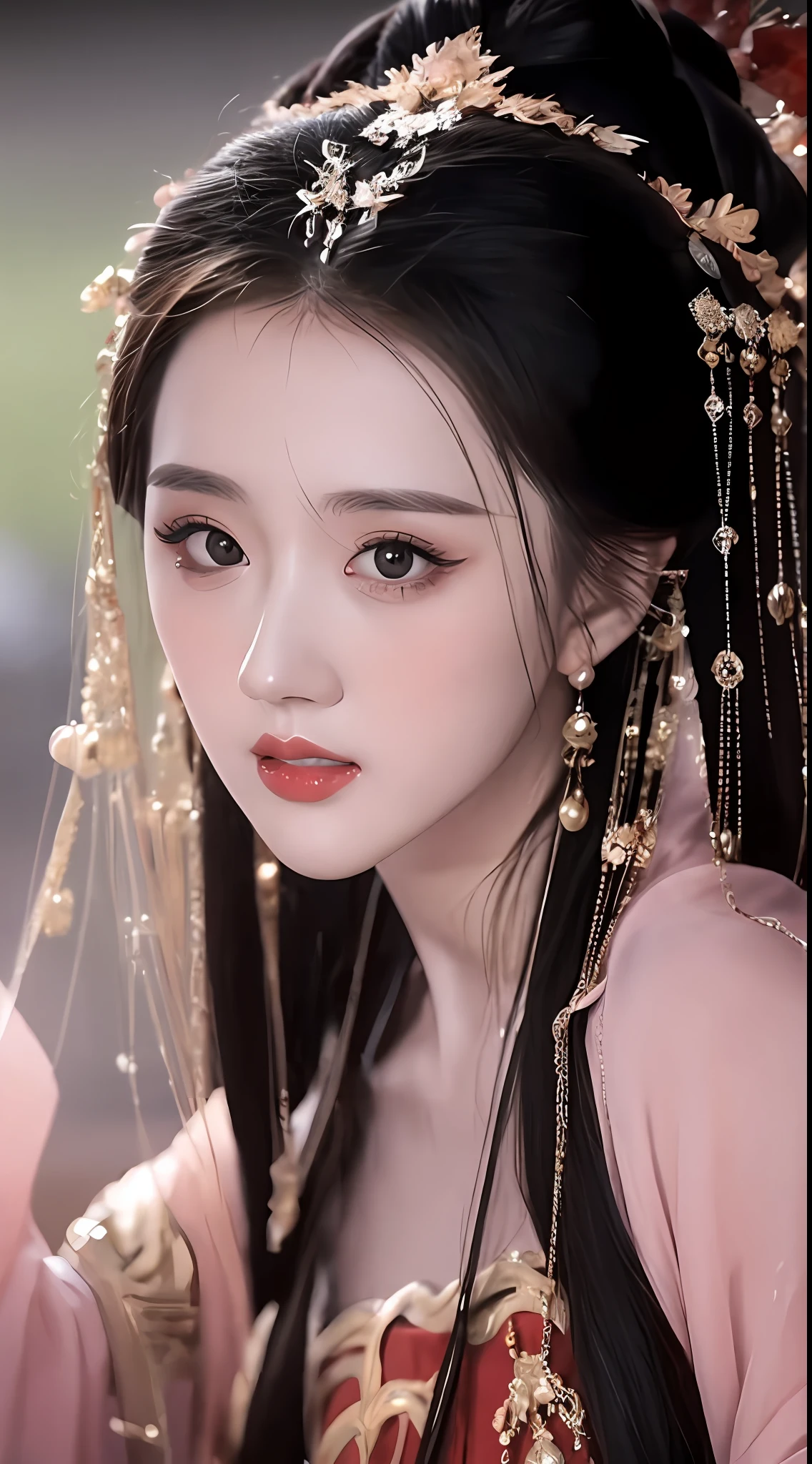 best quality, masterpiece, highres, 1girl, hanfu, lingerie china, hair ornament, necklace, jewelry, Beautiful face, upon_body, tyndall effect, photorealistic, dark studio, rim lighting, two tone lighting, (high detailed skin:1.2), 8k uhd, dslr, soft lighting, high quality, volumetric lighting, candid, Photograph, high resolution, 4k, 8k, Bokeh, (light pink lips), 1 beautiful devil woman from hell, In the Dark: 1.6), surreal female portrait by David Hockney and Alphonse Mucha, fantasy art, photorealism, dynamic lighting, artstation, volumetric lighting, very detailed faces, 8k ultra, Awarded, in the dark, deep shadow, low key, cowboy lens, (Red phoenix dress: 1.4), long hair, black hair, no facial hair, bust, luxurious palace, Royal style, devil crown, red eyes make up very sharp and detailed, The most beautiful face, The breasts are very big and round and round, Super realistic, chinese women's clothing, polo neck sweater, Charming smile, The eyes are very well made up, guweiz, devil style, wearing black mesh socks, Ponytail with a bow tied at the back of the hair, Red black lips, Devil tattoo on shoulder, wearing a thin red and black, robe, the landscape is overcast and thunderous, (Portrait), Close-up of the main character, (Background details 1.8),