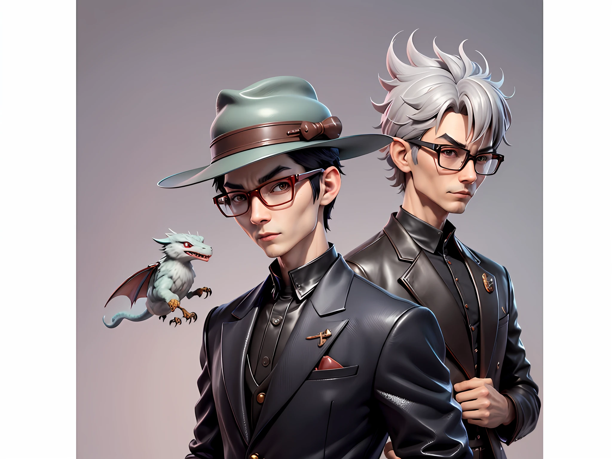 Young man with oriental face in leather hat, dragon, formal suit, short black hair, silver glasses, digital painting, 3D character design by Mark Clairedon and Pixar and Hayao Miyazaki and Akira Toriyama, the illustration is a high-definition illustration in 4K resolution with very detailed facial features and cartoon-style visuals.