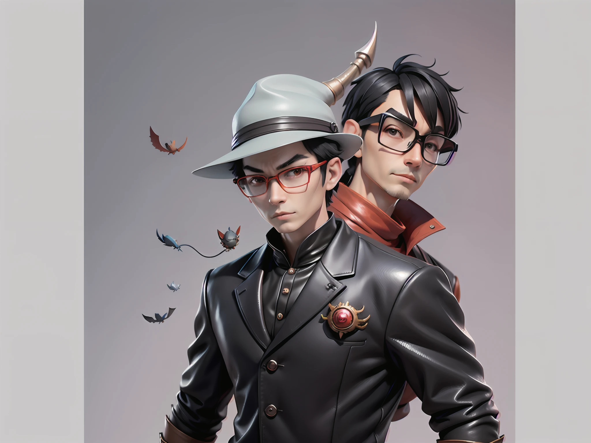 Young man with oriental face in leather hat, dragon, formal suit, short black hair, silver glasses, digital painting, 3D character design by Mark Clairedon and Pixar and Hayao Miyazaki and Akira Toriyama, the illustration is a high-definition illustration in 4K resolution with very detailed facial features and cartoon-style visuals.