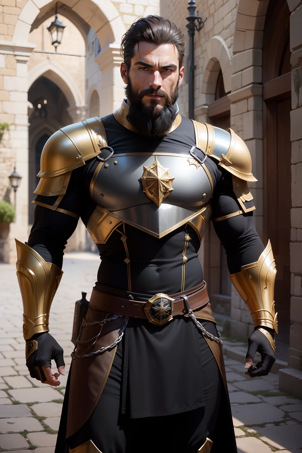 Ultra realista , alta resolução , ultra 8K , Homem com barba cheia , 40 anos , athletic body with black armor and gold color , vestimentas de Rei, um cavaleiro Rei, Ultra resolution , Castle Courtyard,