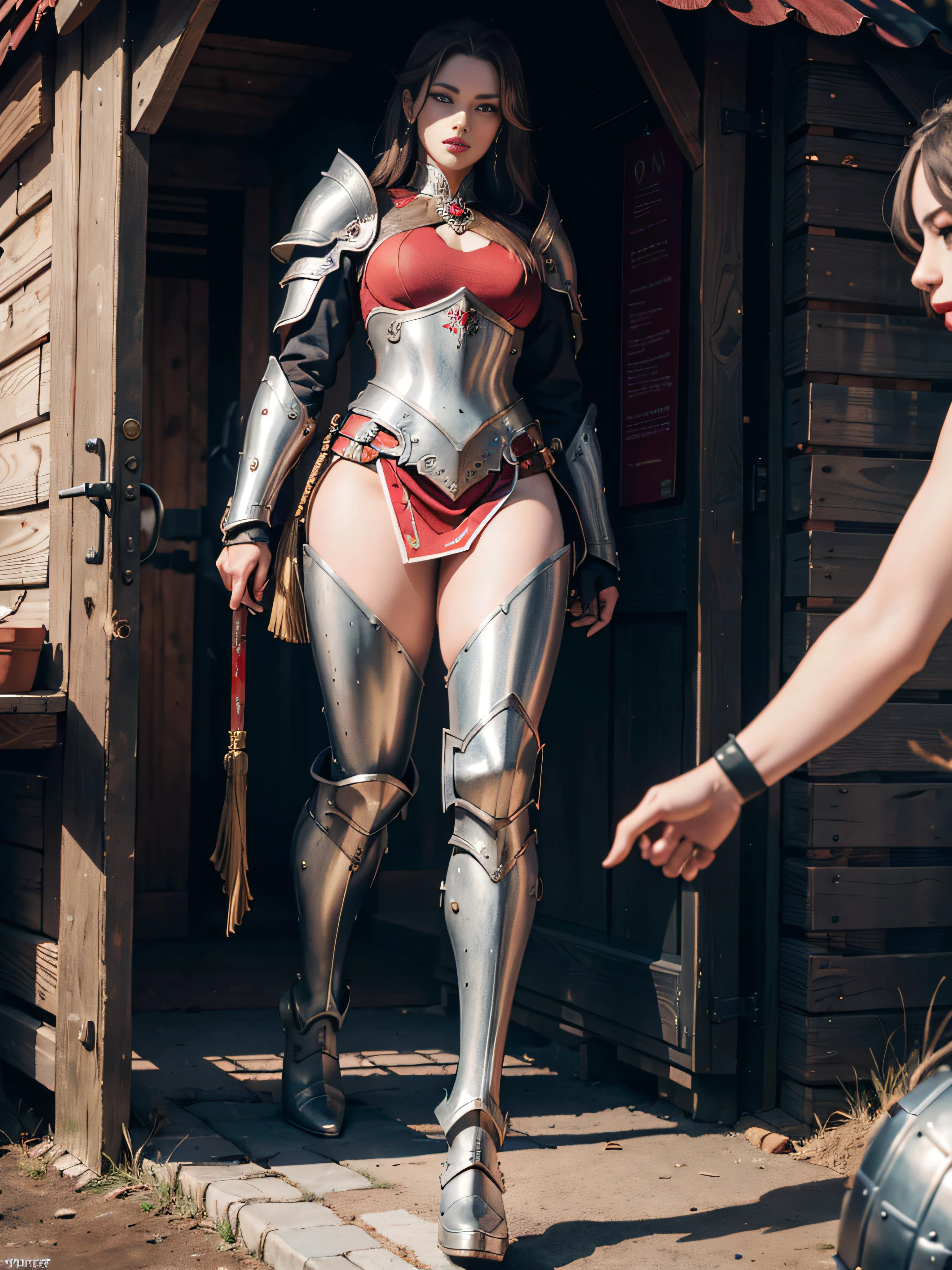 full body detailing,a mature female,Queen temperament,Fine and detailed eyes and detailed face,Tall and tall,She wears metal armor,Armor trousers,Armor boots,stocklings,Show off the look of the boots,warriors、Shogun, allure:(Tall:1.4),haughty,Mature temperament,Ruby eyes,Apply blood-red lipstick to your lips,Wide buttock(big assa:1.4),(Thick thighs:1.4),Majesty,Rich scene detail,are standing,actionpose