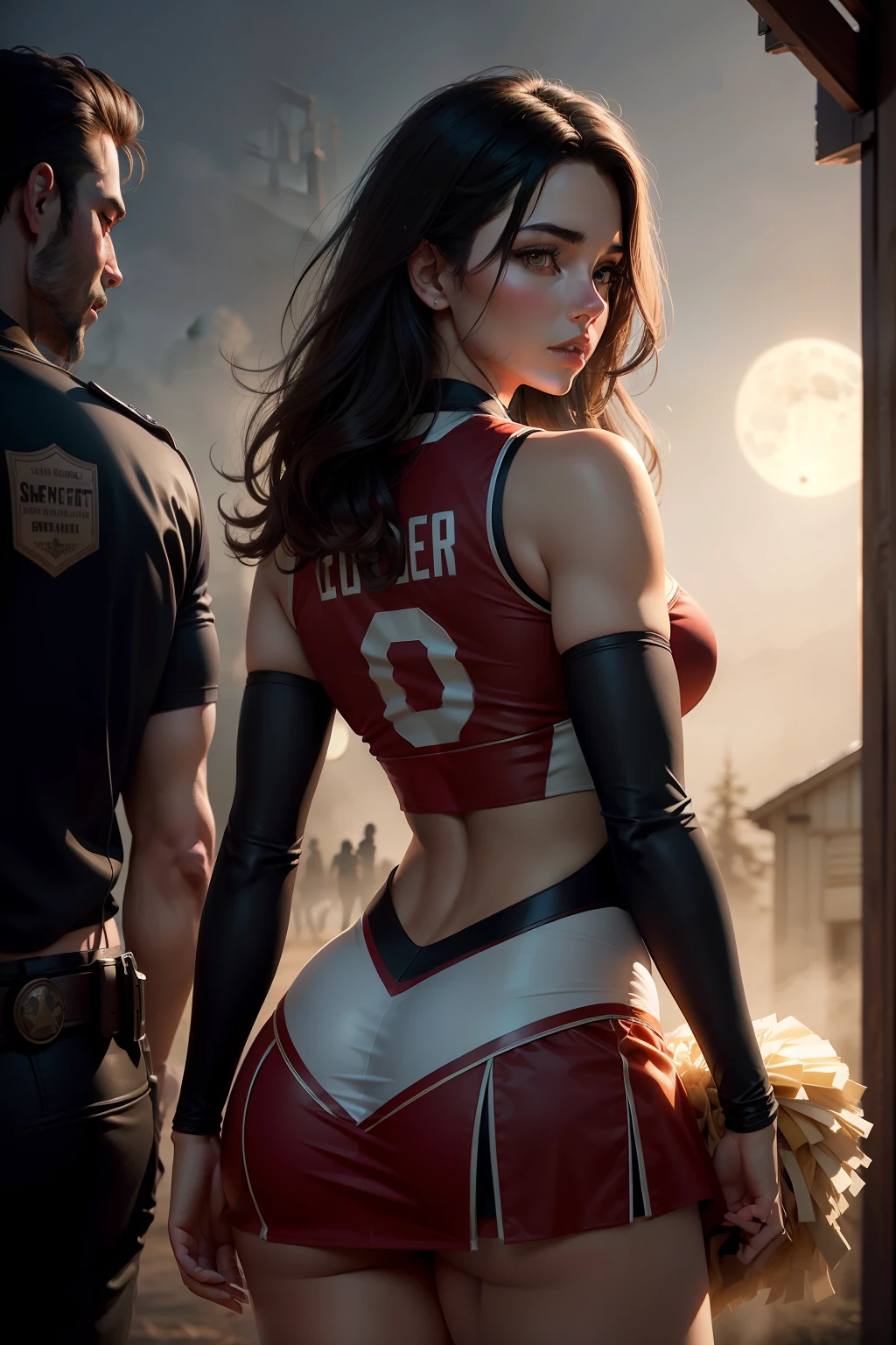 book cover, a beautiful girl, longe dark hair, brown eyes, dressing a cheerleader outfit, huging a attractive man, in sheriff clothes, fog, fullmoon, a shadow of a wolf in the back, photorealistc, cinematic, ultra detailed, dramatic lighting.