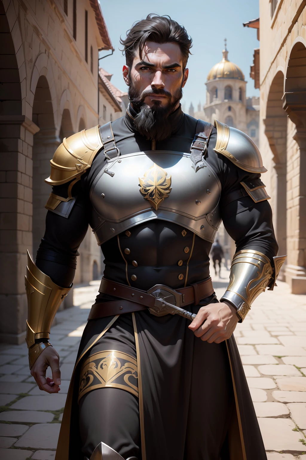 Ultra realista , alta resolução , ultra 8K , Homem com barba cheia , 40 anos , athletic body with black armor and gold color , vestimentas de Rei, um cavaleiro Rei, Ultra resolution , Castle Courtyard, Combat Position