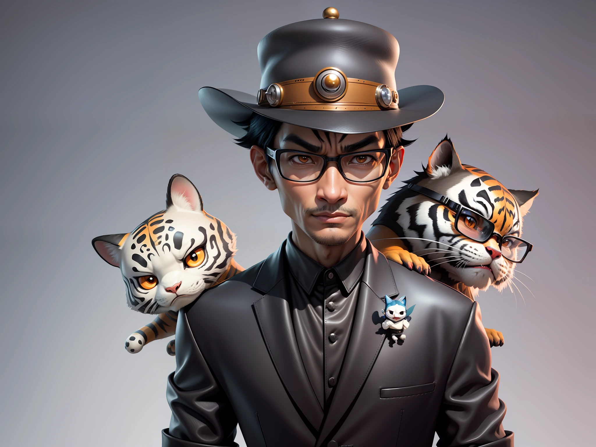 Young man with oriental face in leather hat, tiger, oriental face in formal suit, short black hair, silver glasses, digital painting, 3D character design by Mark Clairedon and Pixar and Hayao Miyazaki and Akira Toriyama, the illustration is a high-definition illustration in 4K resolution with very detailed facial features and cartoon-style visuals.