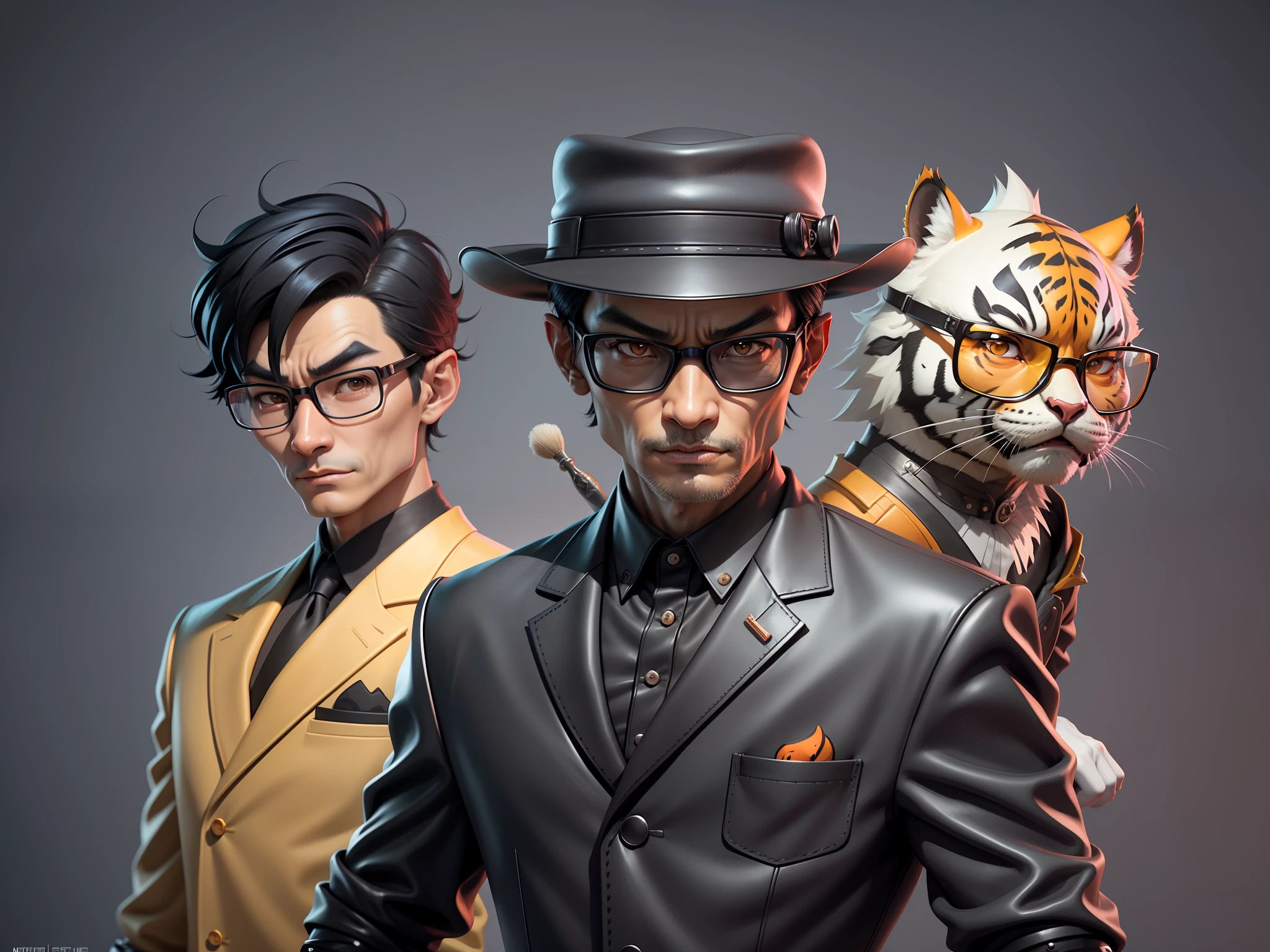 Young man with oriental face in leather hat, tiger, oriental face in formal suit, short black hair, silver glasses, digital painting, 3D character design by Mark Clairedon and Pixar and Hayao Miyazaki and Akira Toriyama, the illustration is a high-definition illustration in 4K resolution with very detailed facial features and cartoon-style visuals.