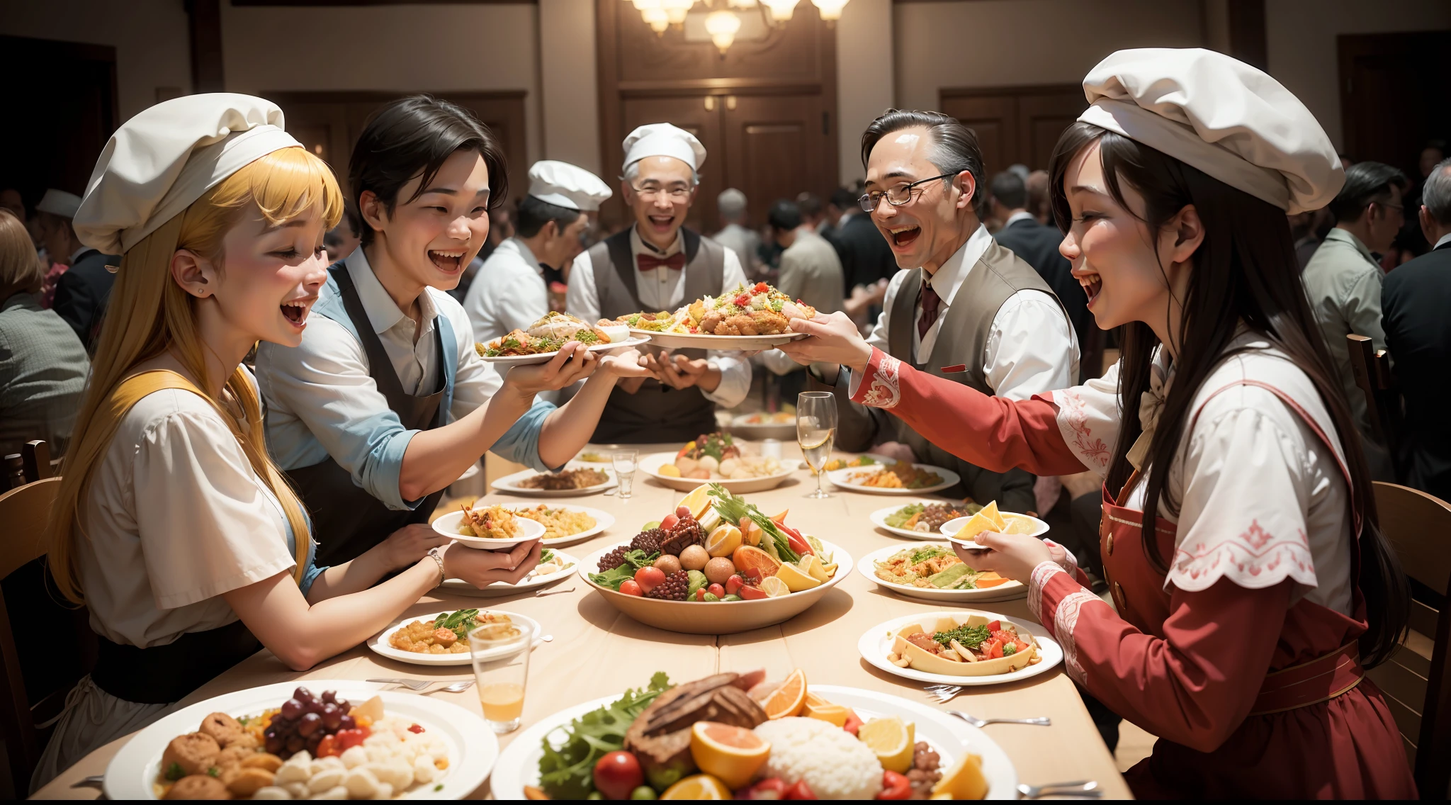 People sharing a joyful and abundant meal at the banquet table.