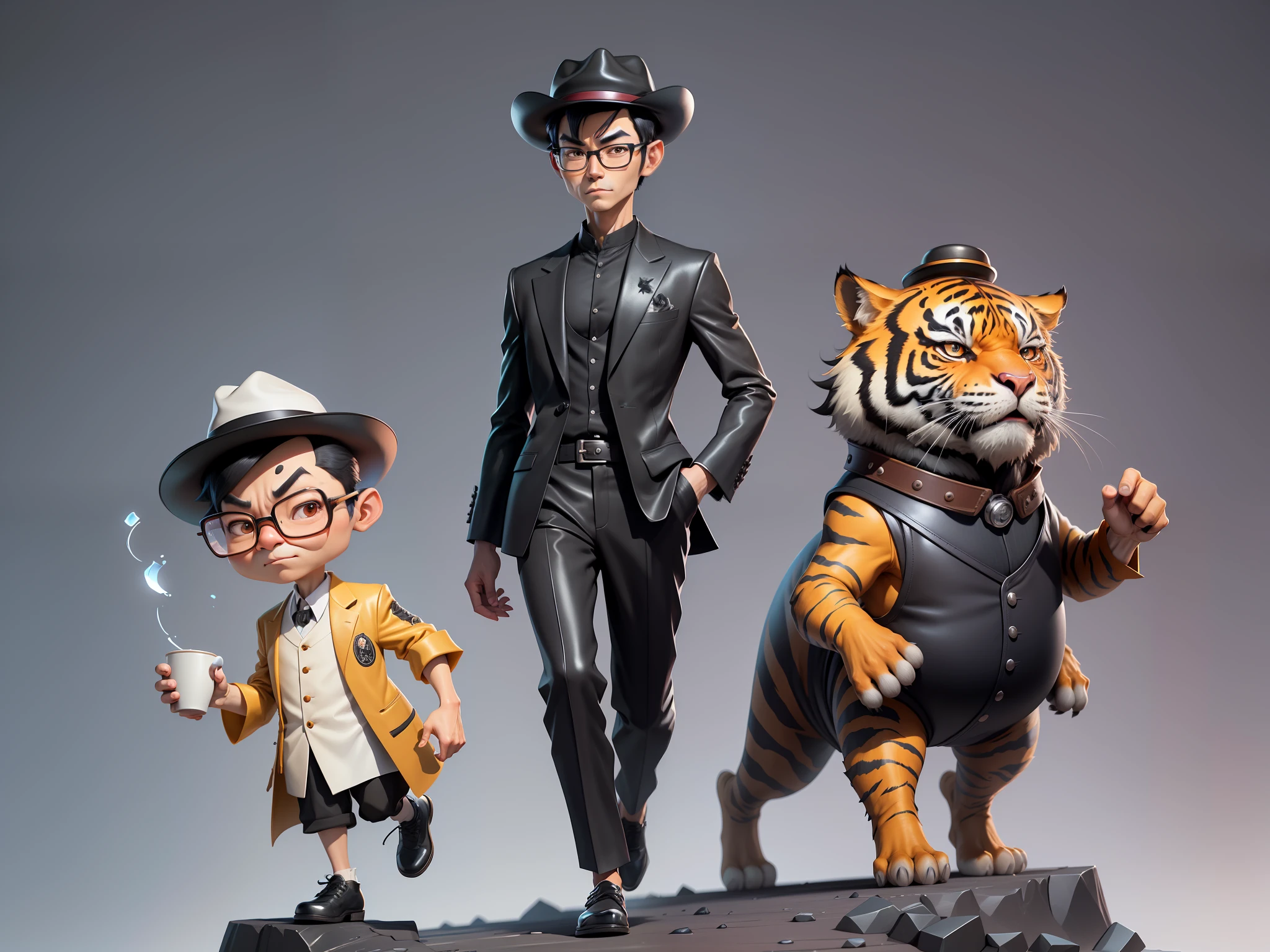 Young man with oriental face in leather hat, tiger, oriental face in formal suit, short black hair, silver glasses, digital painting, 3D character design by Mark Clairedon and Pixar and Hayao Miyazaki and Akira Toriyama, the illustration is a high-definition illustration in 4K resolution with very detailed facial features and cartoon-style visuals.