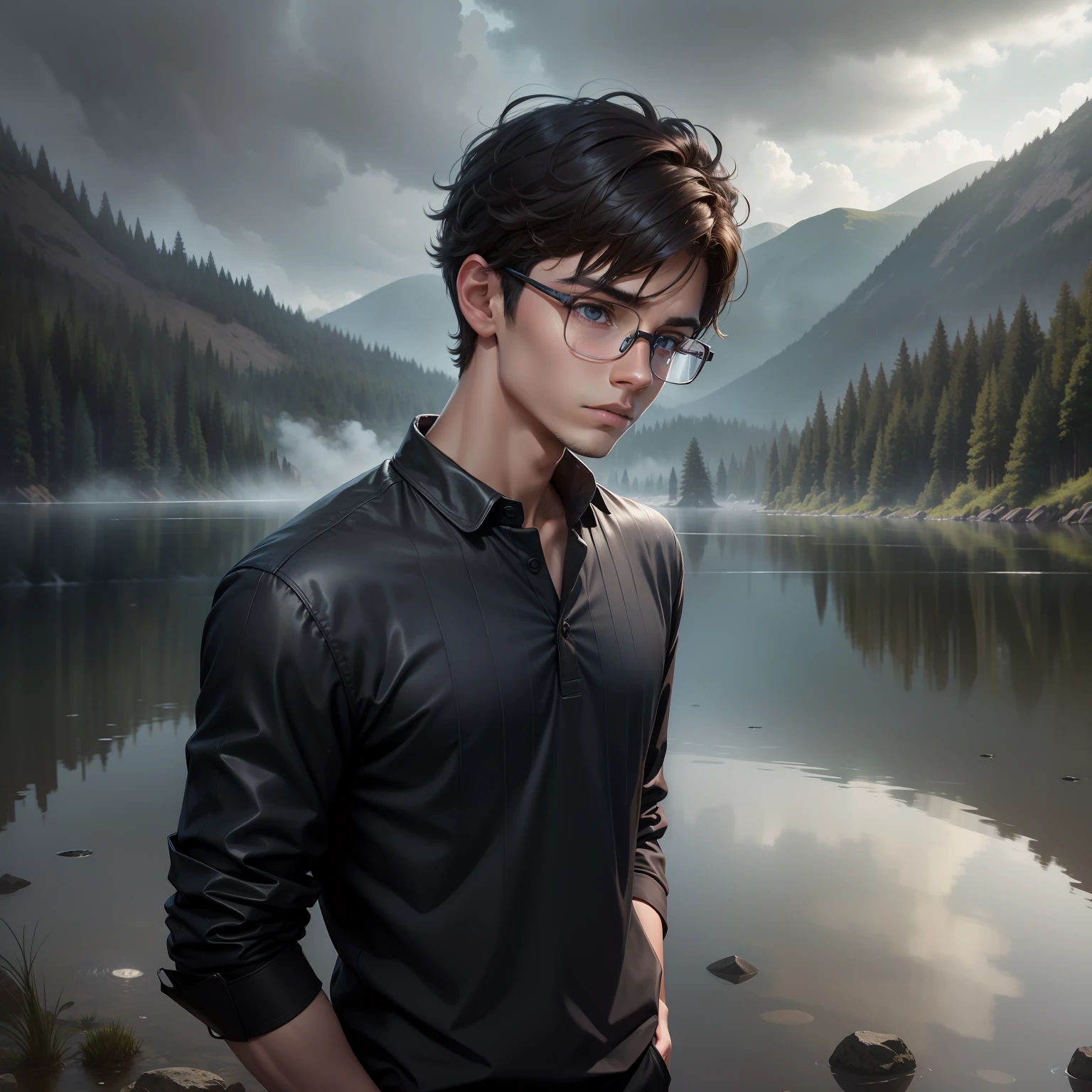 A teenager male， brunette color hair， wears glasses， The shirt， trouser， nigth， very heavy rain， lake， mist， Solitude， eyes reflection， The corners of the mouth are raised， in a panoramic view， Ray traching， reflective light， lightand shade contrast， cinmatic lighting， depth of fields， tmasterpiece， best qualtiy， high detal， A high resolution， ccurate， textureskin， high qulity， hyper HD， k hd