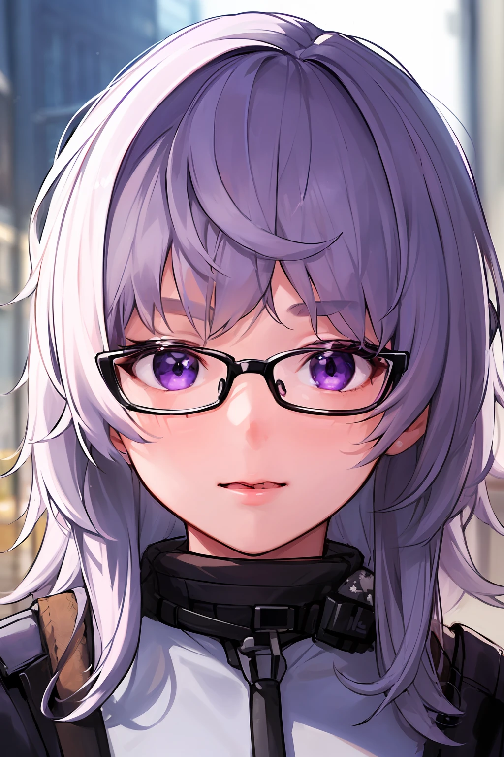 1girl, 1girl,(best quality, high quality, high resolution), realistic, ultra-detailed, highly detailed face features, absurdres, realistic lighting and reflections, highly detailed face features, see through shirt, best photo,high quality illustration, purple hair, eyeglasses, messy short hair, black eyes,