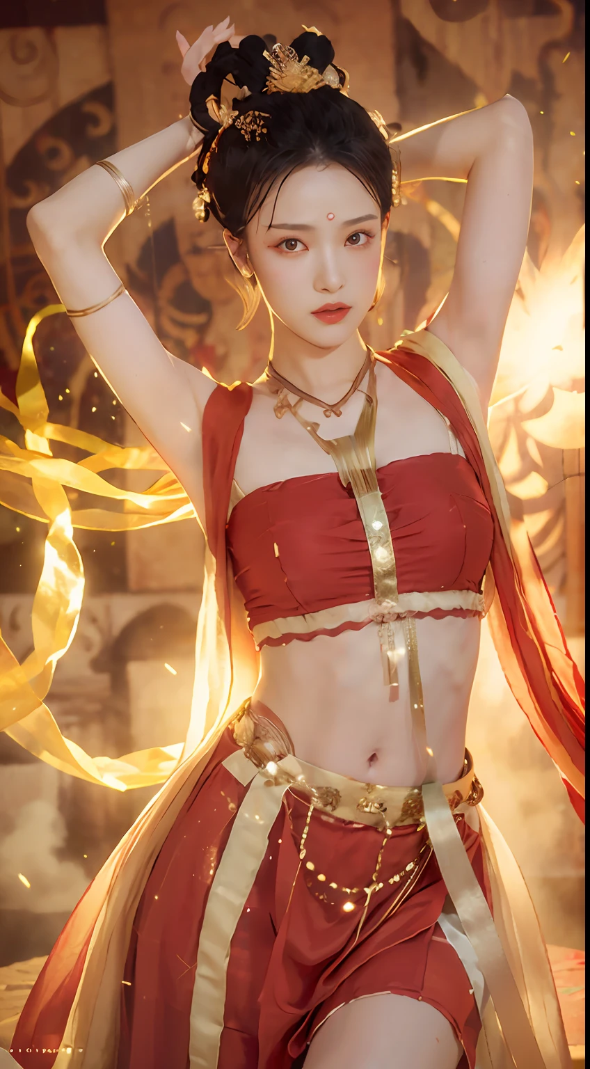 (8k, RAW photo, best quality, tmasterpiece:1.2), (realistic, photo-realistic:1.4), (Extremely detailed CG unity 8k wallpaper), (1 girl:1.5),Beauty of the Western Regions,(Red clothes:1.4),There are red spots on the forehead,Pale skin,Blushlush,largeeyes,full bodyesbian,upper legs,Open navel,Gold-tone waist chain,golden ornaments,Flying ribbons,Cool flying dance moves,Particle,The background is desert, Ancient city walls,A desert,dance, dunhuang_dress, dunhuang_style,Put your hands behind your head