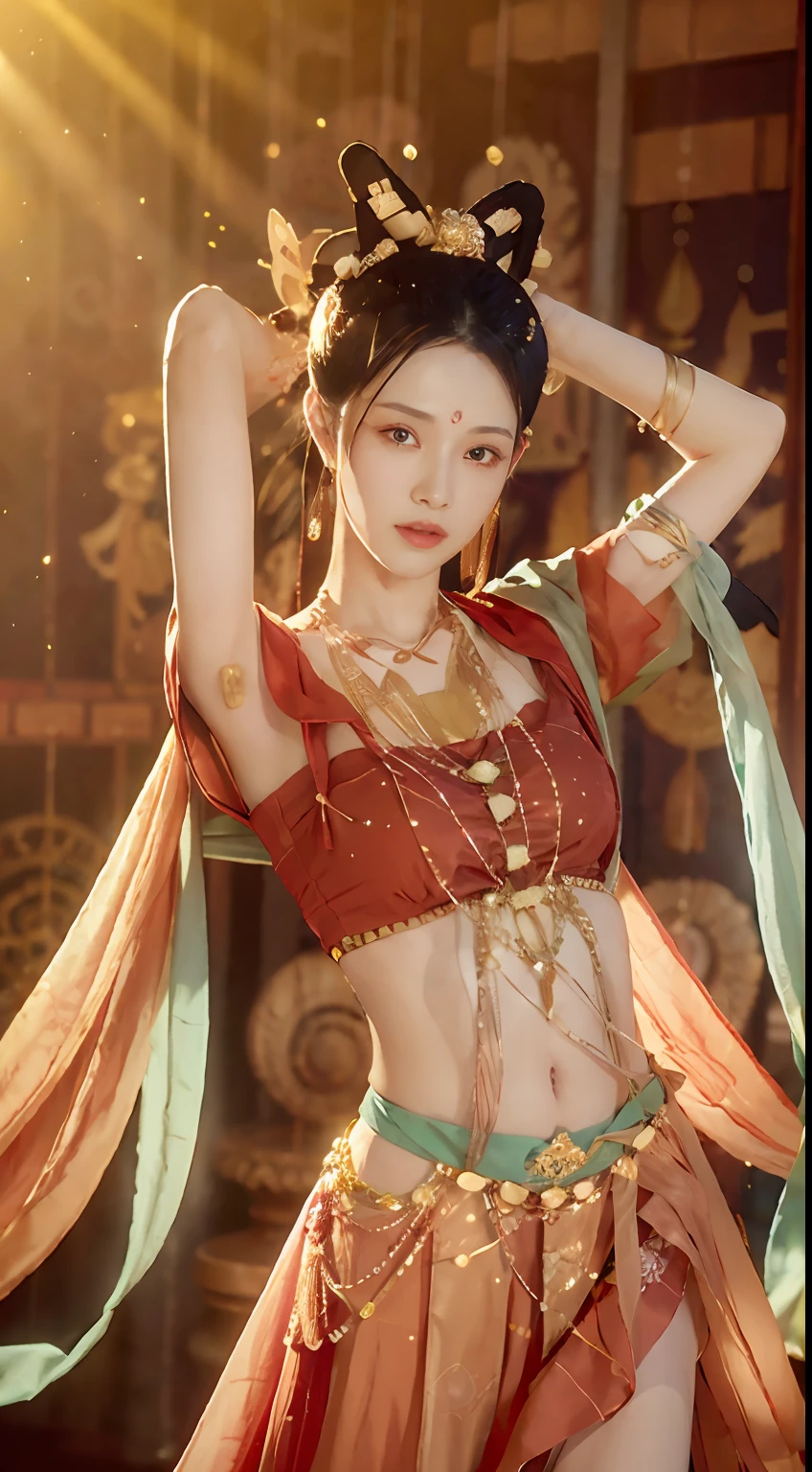 (8k, RAW photo, best quality, tmasterpiece:1.2), (realistic, photo-realistic:1.4), (Extremely detailed CG unity 8k wallpaper), （1 girl：1.5）,Beauty of the Western Regions，（Red clothes：1.4），There are red spots on the forehead，Pale skin，Blushlush，largeeyes，full bodyesbian，upper  navel，Gold-tone waist chain，golden ornaments，Flying ribbons，Cool flying dance moves，Particle，The background is desert， Ancient city walls，A desert，dance, dunhuang_dress, dunhuang_style,Put your hands behind your head
