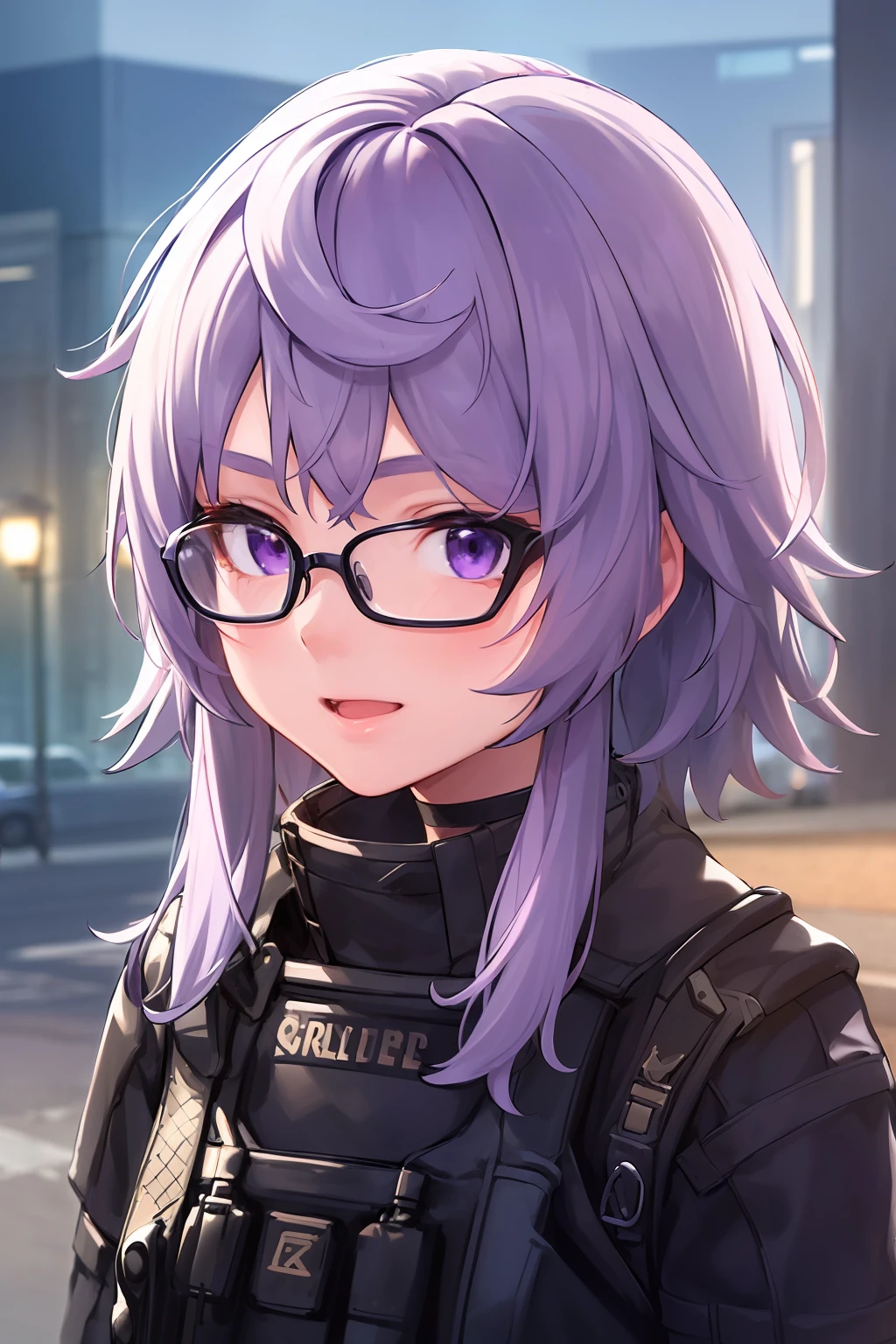 1girl, 1girl,(best quality, high quality, high resolution), realistic, ultra-detailed, highly detailed face features, absurdres, realistic lighting and reflections, highly detailed face features, see through shirt, best photo,high quality illustration, purple hair, eyeglasses, messy short hair
