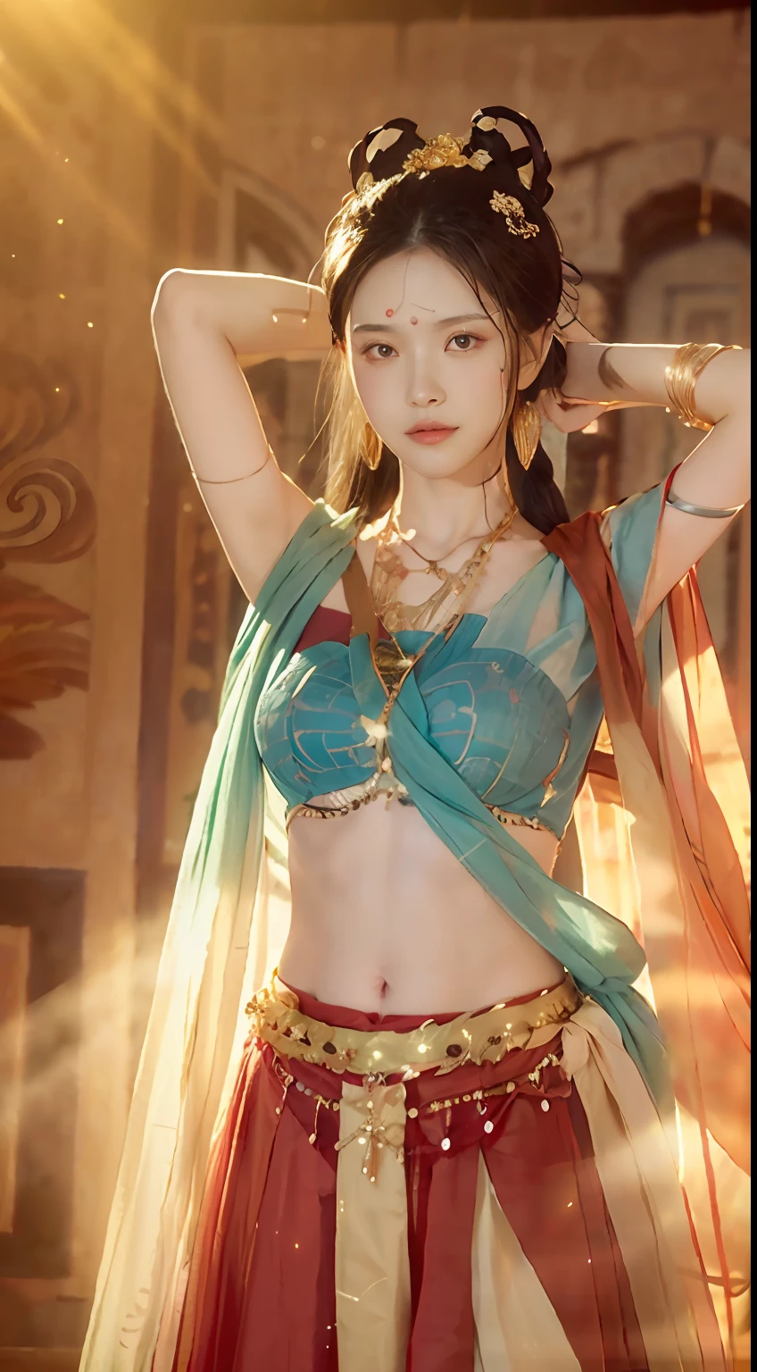 (8k, RAW photo, best quality, tmasterpiece:1.2), (realistic, photo-realistic:1.4), (Extremely detailed CG unity 8k wallpaper), （1 girl：1.5）,Beauty of the Western Regions，（Red clothes：1.4），There are red spots on the forehead，Pale skin，Blushlush，largeeyes，full bodyesbian，upper legs，Open navel，Gold-tone waist chain，golden ornaments，Flying ribbons，Cool flying dance moves，Particle，The background is desert， Ancient city walls，A desert，dance, dunhuang_dress, dunhuang_style,Put your hands behind your head