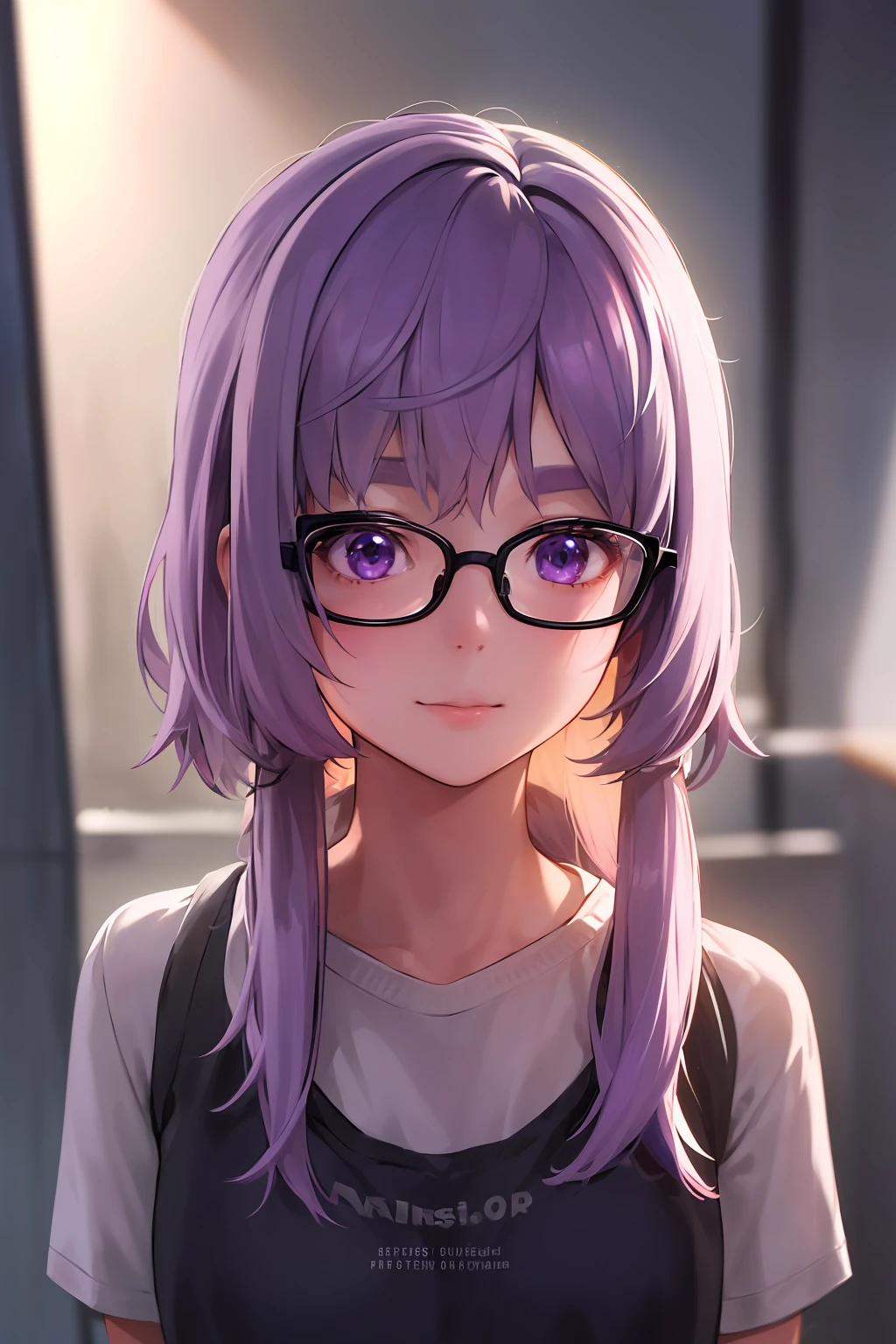 1girl, 1girl,(best quality, high quality, high resolution), realistic, ultra-detailed, highly detailed face features, absurdres,  realistic lighting and reflections, highly detailed face features, see through shirt, best photo,high quality illustration, purple hair, eyeglasses, messy short hair