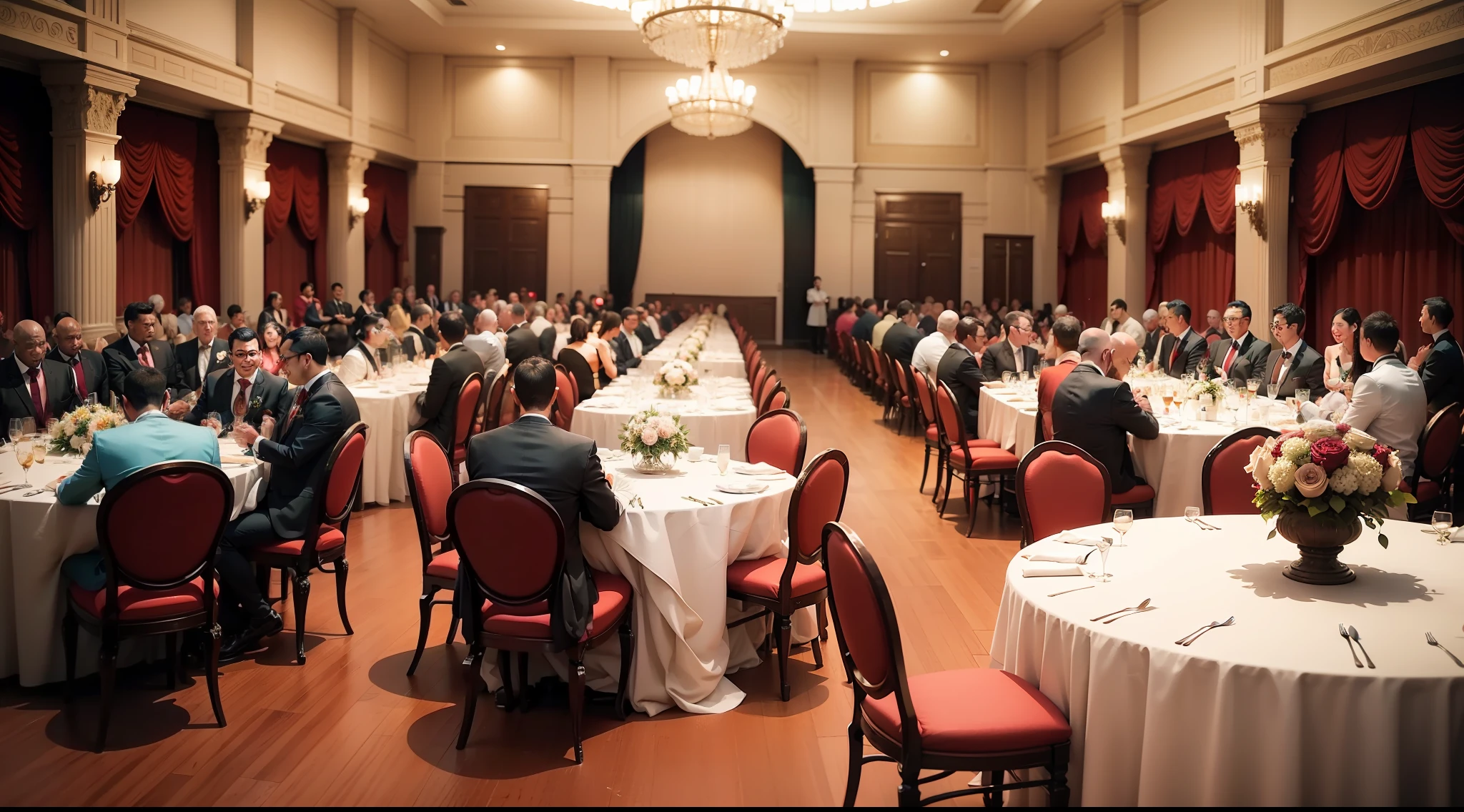 An image showing the banquet hall filled with a diverse group of joyful guests.