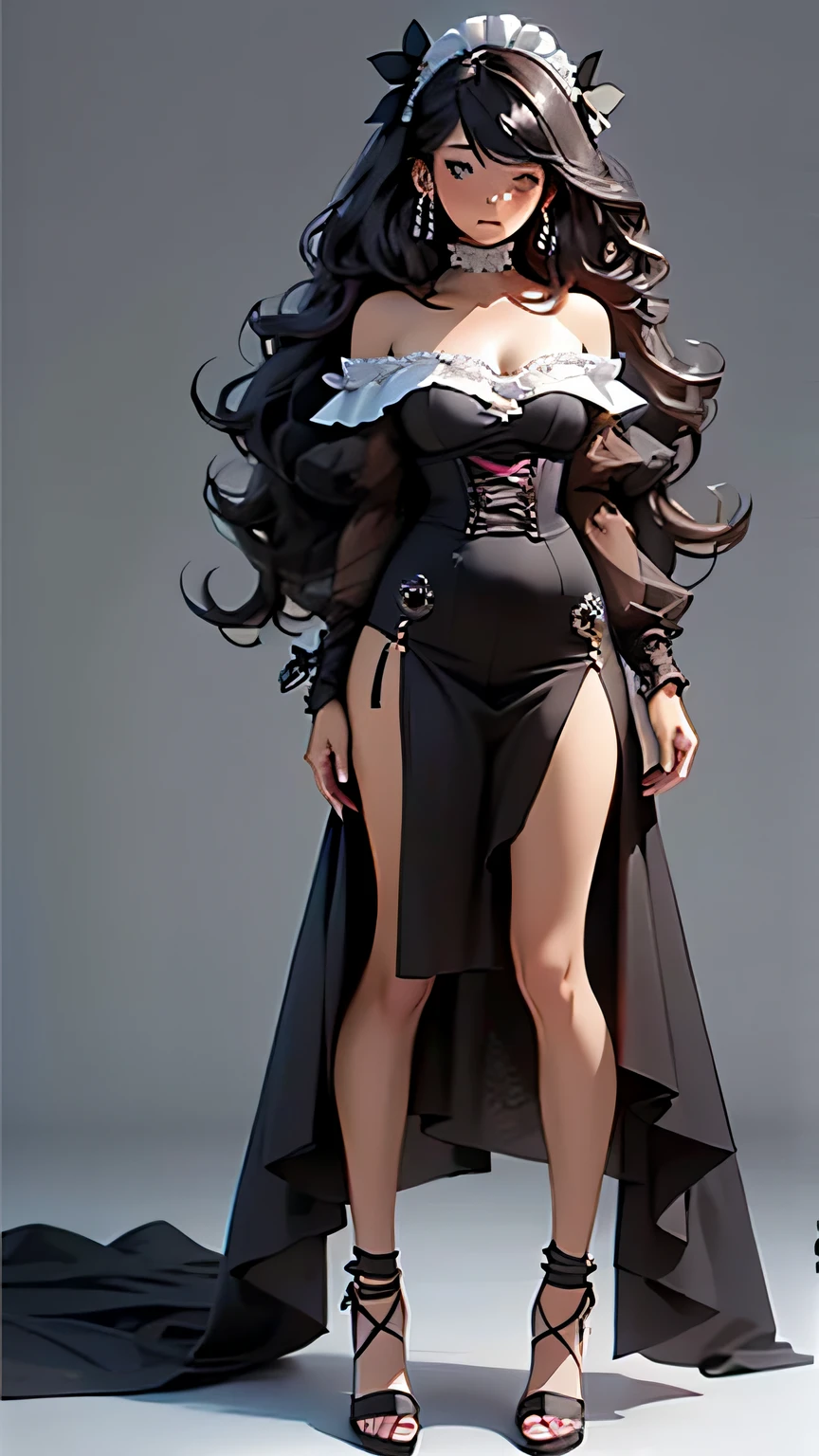 1girl, solo, blush, breasts, long hair, simple background, dress, cleavage, medium breasts, standing, upper body, earrings, parted lips, dark skin, grey background, high heels, dark-skinned female, strapless, side slit, maid dress, wearing a corset