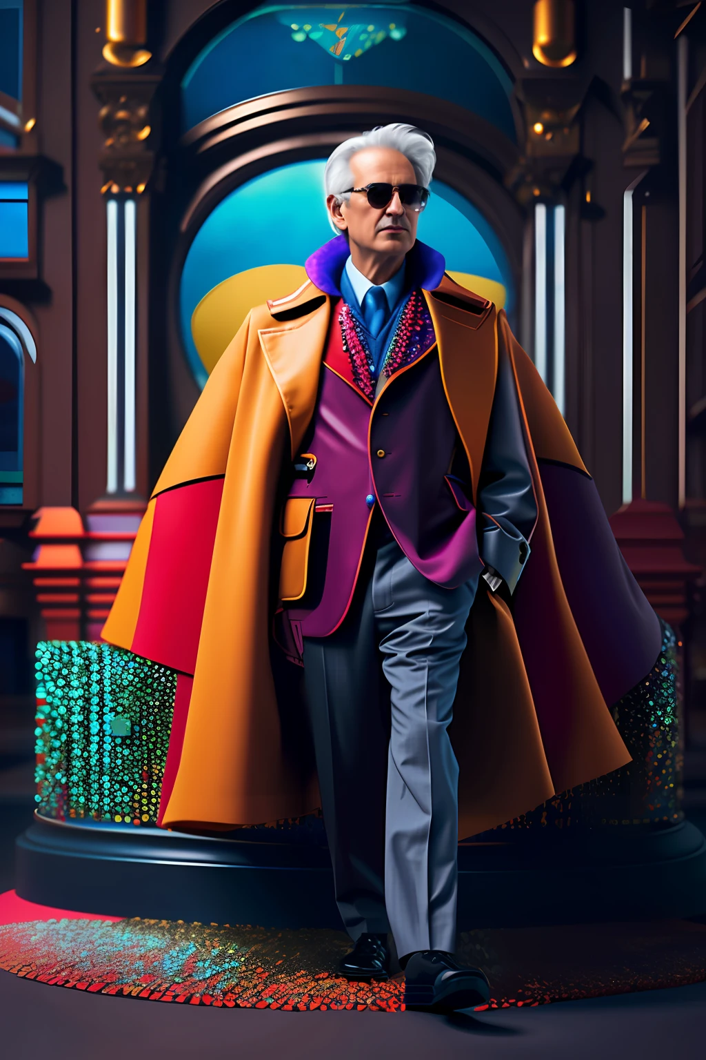 Arafffiction of a man in a colorful coat and tie standing in front of a watch, Roupas coloridas ricas da fantasia, Editorial Oficial da Versace, terno maximalista moderno, photoshoot de moda high-end, inspirado em Aleksandr Gerasimov, vestidos com roupas caras, inspirado em Francesco Raibolini, inspirado em Giorgio Cavallon, inspirado em Joop Sanders