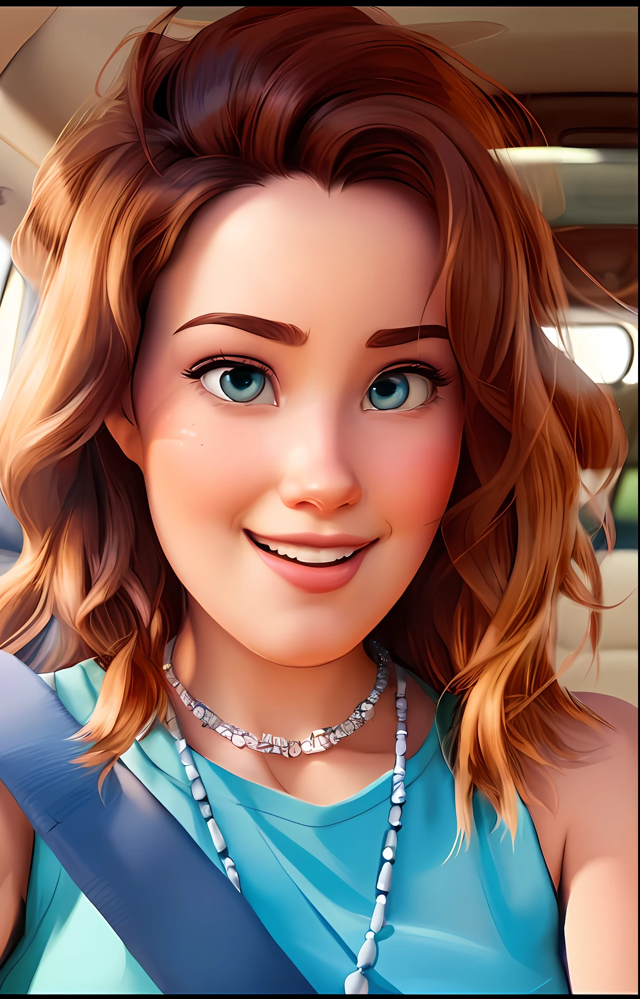 A closeup of a woman in a car without the blue car seat belt, Disney fotorrealista, estilo de arte disney, estilo de personagem disney, estilo de arte realista, animated film, estilo de arte fotorrealista, arte disney, in style of disney animation, Arte no estilo da Disney, Disney foto realista, realismo artstyle, Artista Disney, Pokimane