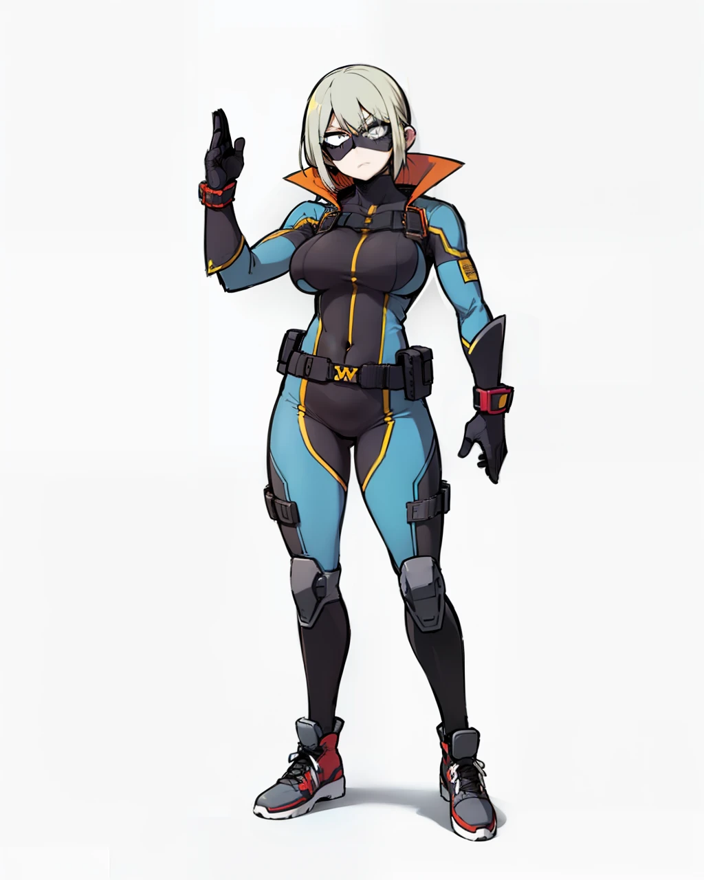 My Hero Academia style, anime Girl, female, Wide thighs, wide hips, Large breast, hero costume, full body suit, Covered face, Mask, covered eyes, eye mask,