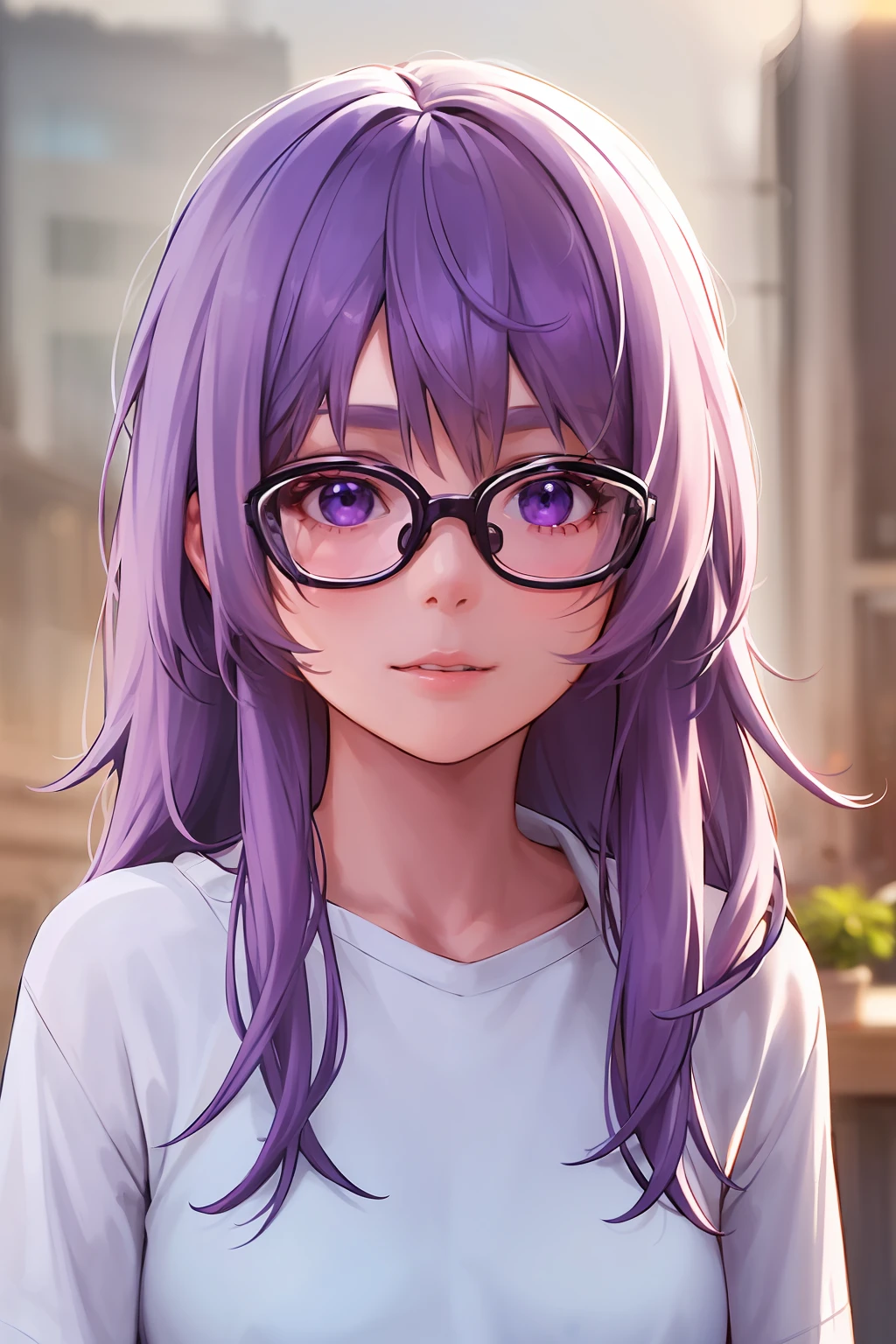 1girl, 1girl,(best quality, high quality, high resolution), realistic, ultra-detailed, highly detailed face features, absurdres, realistic lighting and reflections, highly detailed face features, see through shirt, best photo,high quality illustration, purple hair, eyeglasses