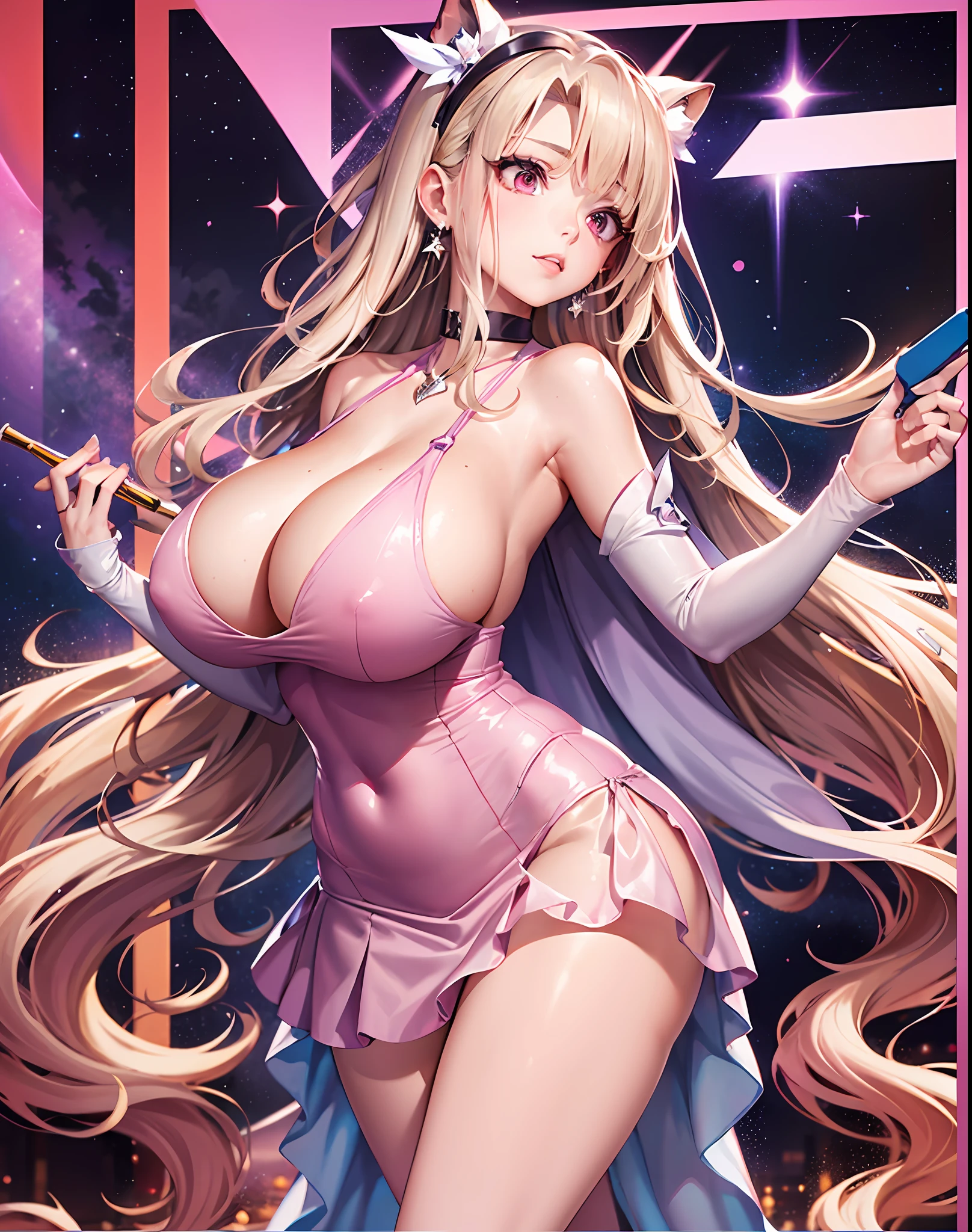 ((8K,tmasterpiece,realisticlying,The most beautifully illustrated),(((Bust photo)))(Hyper-detailing,Ultra-clear,naturey),((White wavy extra-long curls):1.3,choker necklace,ear jewelry,Pink and moist lips,),1 busty girl,the night,Cafe on top of the hill,Exhaustive coffee,white super long hair,,Blonde wavy hair,Hair is shiny,Halo galaxies,(light stre),striking visual effects,(dynamic streaks,Luminous trajectory:1.2),vivd colour,magical ,Magical girl tight sexy dress,Elegant and beautiful hairpins,White wavy curls,naked leg,Reasonable movements,gigantic cleavage breasts,Slender beautiful legs,Stretch meat,Fair and moisturized skin