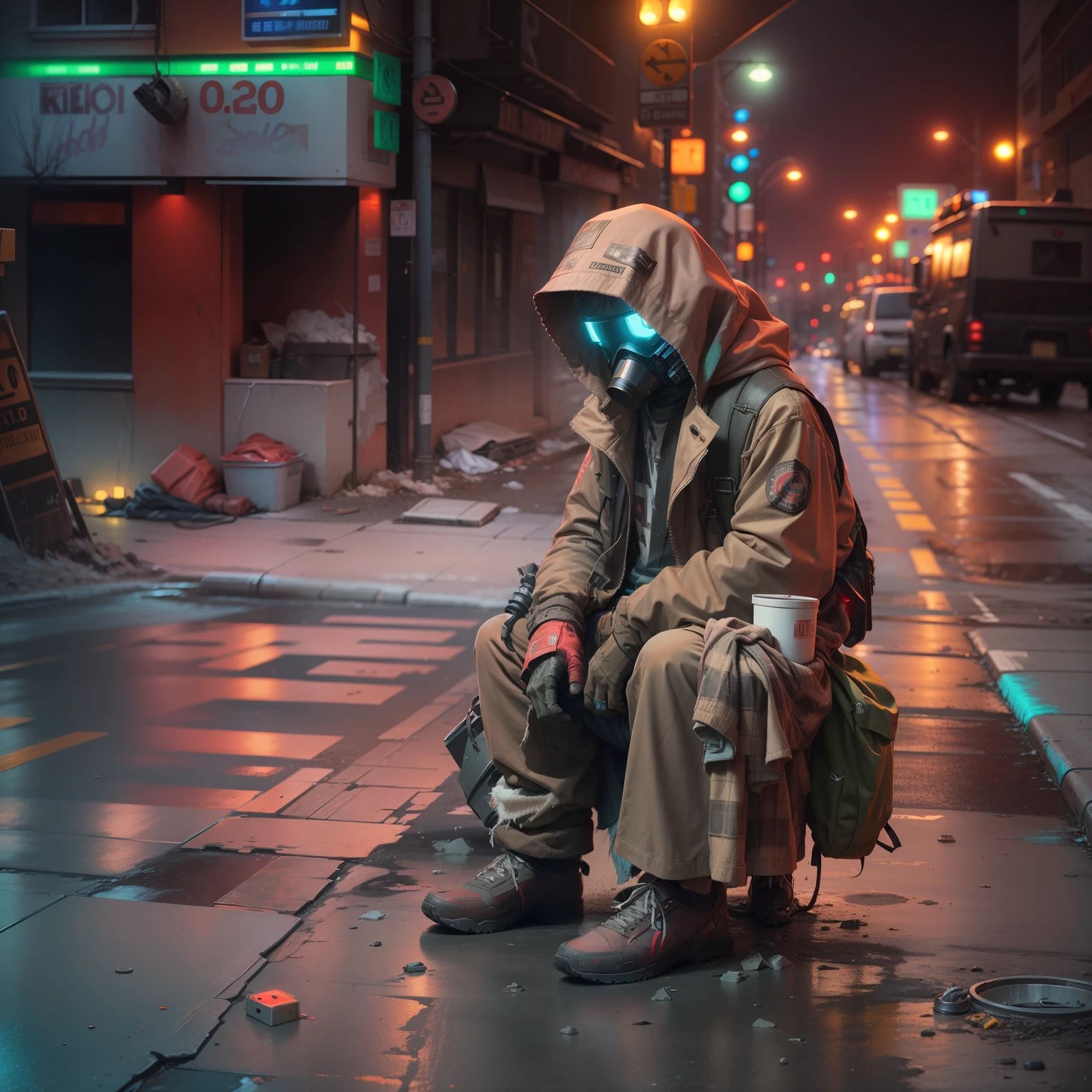 Kodak Portra 160mm photo, of a post apocalyptic homeless with a half robot photo in a neon lit a sidewalk , he was walking down the street in the red rain, highly detailed, intricate, realistic