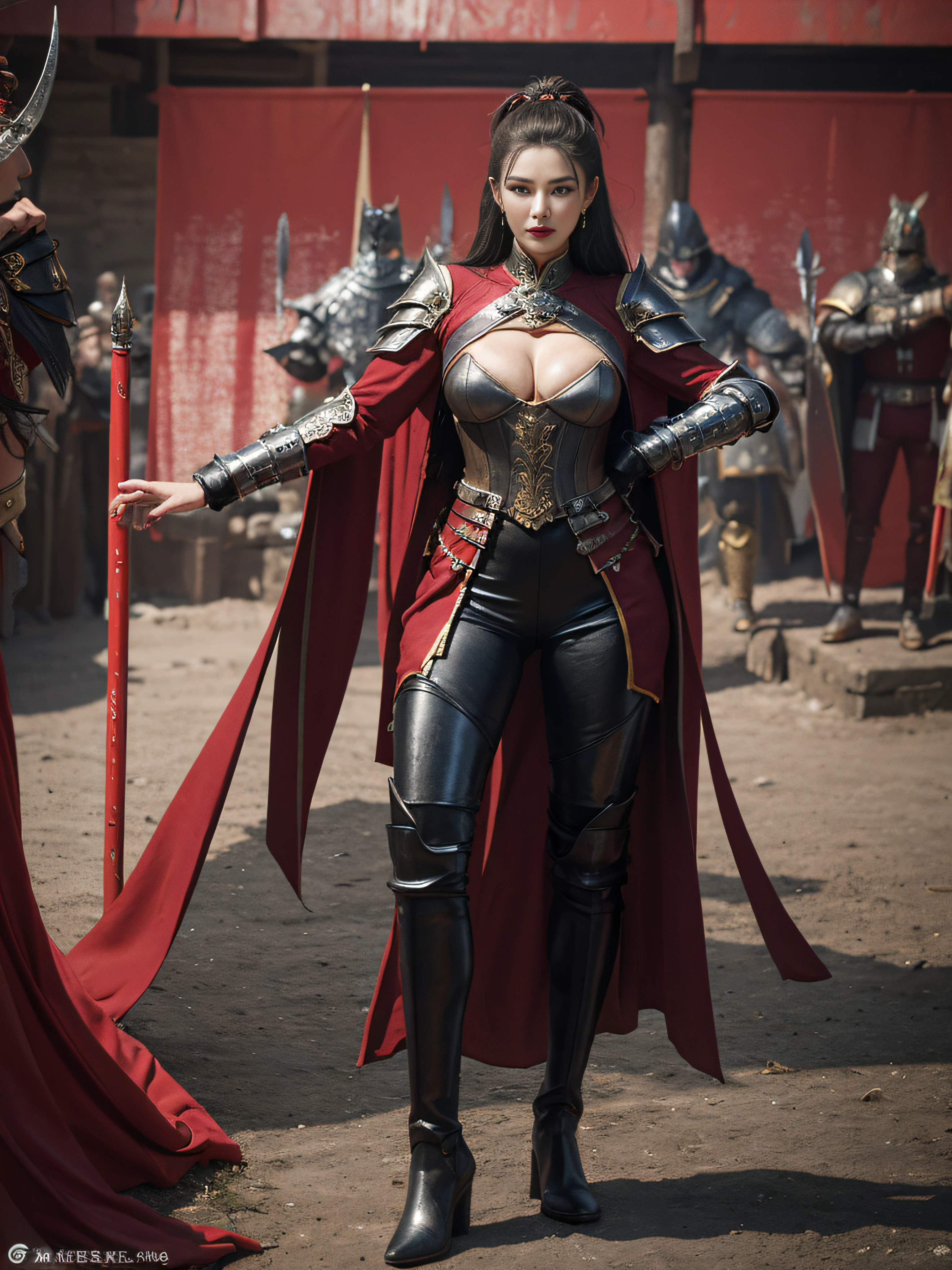 full body detailing,a mature female,Queen temperament,Fine and detailed eyes and detailed face,Tall and tall,She wears metal armor,Armor trousers,Armor boots,stocklings,Show off the look of the boots,warriors、Shogun, allure:(Tall:1.4),haughty,Mature temperament,Ruby eyes,Apply blood-red lipstick to your lips,Wide buttock(big assa:1.4),(Thick thighs:1.4),Majesty,Rich scene detail,are standing,actionpose