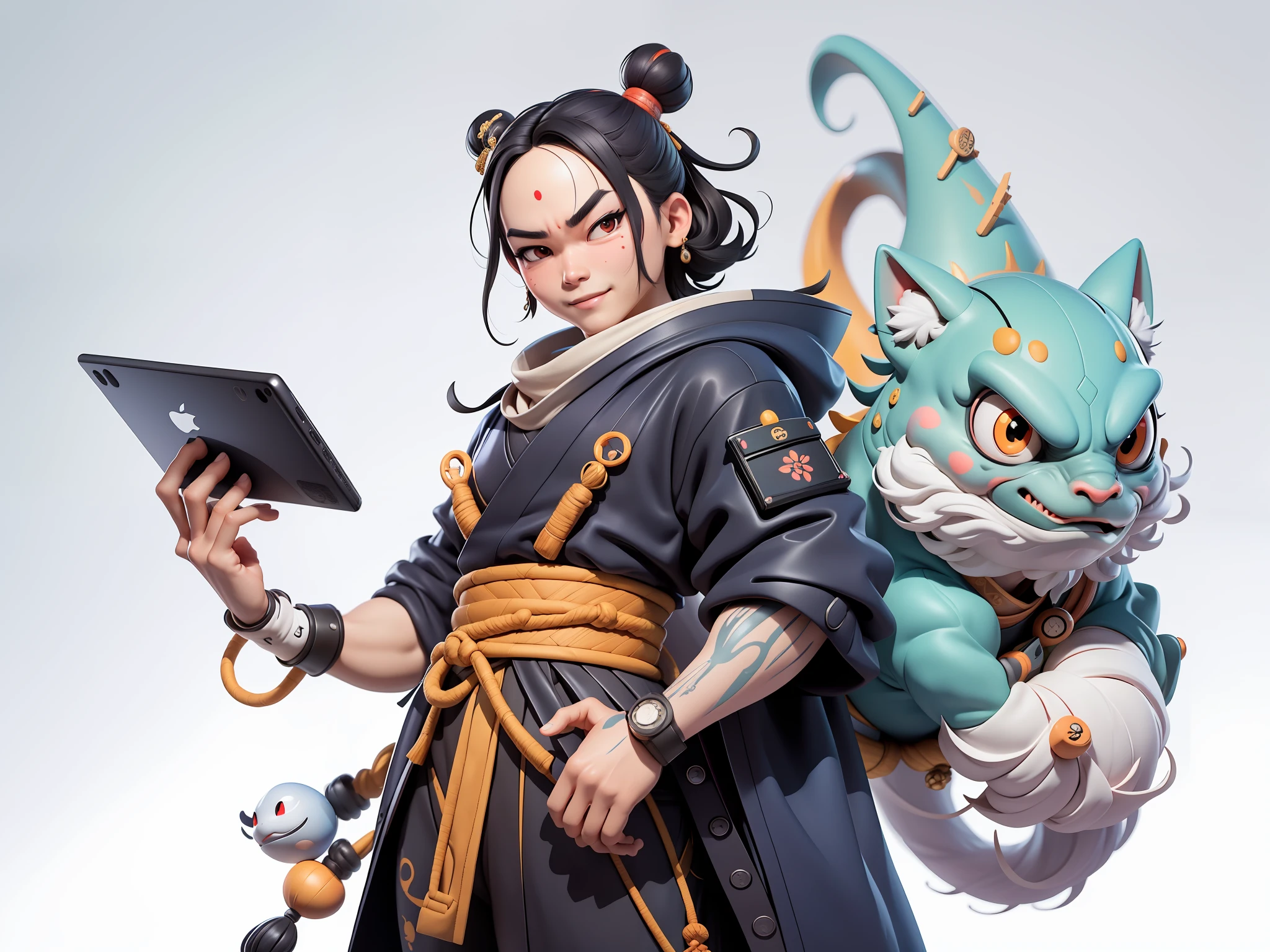 (Daisaku),(Need),(Super meticulous),(full bodyesbian:1.2),Japanese ukiyo-e girl,japanese geisha,Beautiful,Oriental dragon,Aeolian Thor,Raised sexy,爆乳,Oriental face,TV Anchor,Bust portrait illustration,Alone,In black suit,a blue tie,The face is slightly chubby,The face was clean,without a beard,Black super short hair,Black eyes,Smile confidently,3C computer sub-products,iPad, iphone,Digital painting,3D character design by Mark Clairen and Pixar and Hayao Miyazaki and Akira Toriyama,The illustration is a high-definition illustration in 4K resolution,With very detailed facial features and cartoon-style visuals。