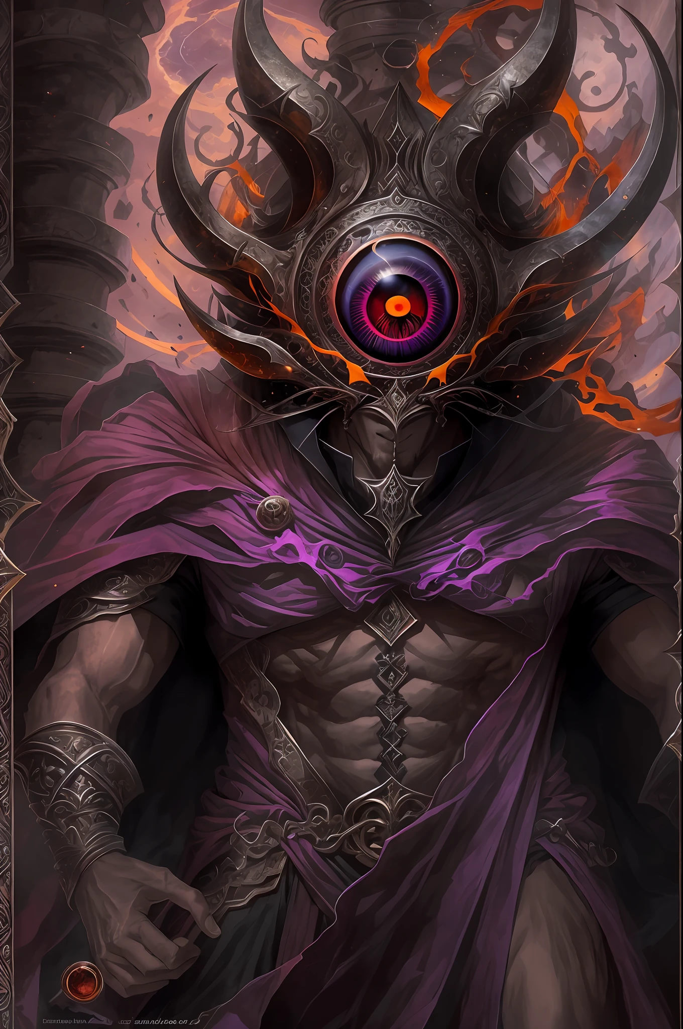 (absurdos, Altas Resoluciones, Ultra detallado, HDR), Obra maestra, La mejor calidad, Un hombre calvo sentado en Demon con un ojo gigante, en mirada arrogante, solamente, hombre rudo, demon eyeball, globo ocular gigante, asqueroso, Ala de demonio negro, cuerno de demonio, guapo, Ojos rojos, ojo brillante, black robe, Pendiente y accesorio, pecho desnudo, cara arrogante, cuerpo completo, magic vortex, chispa, remolino, Aura negra, un cielo negro y nublado, abismo, Antecedentes abstractos, desde un lado, buscar, sonrisa malvada