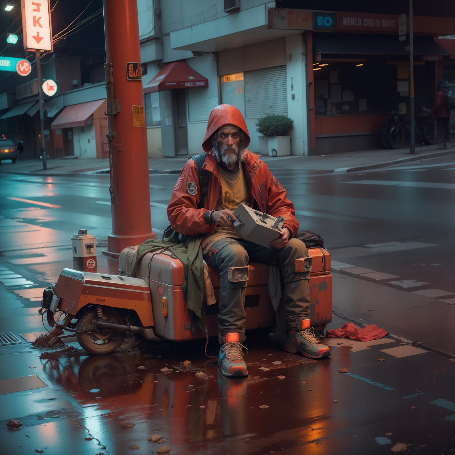 Kodak Portra 160mm photo, of a post apocalyptic homeless with a half robot photo in a neon lit a sidewalk , he was walking down the street in the red rain, highly detailed, intricate, realistic
