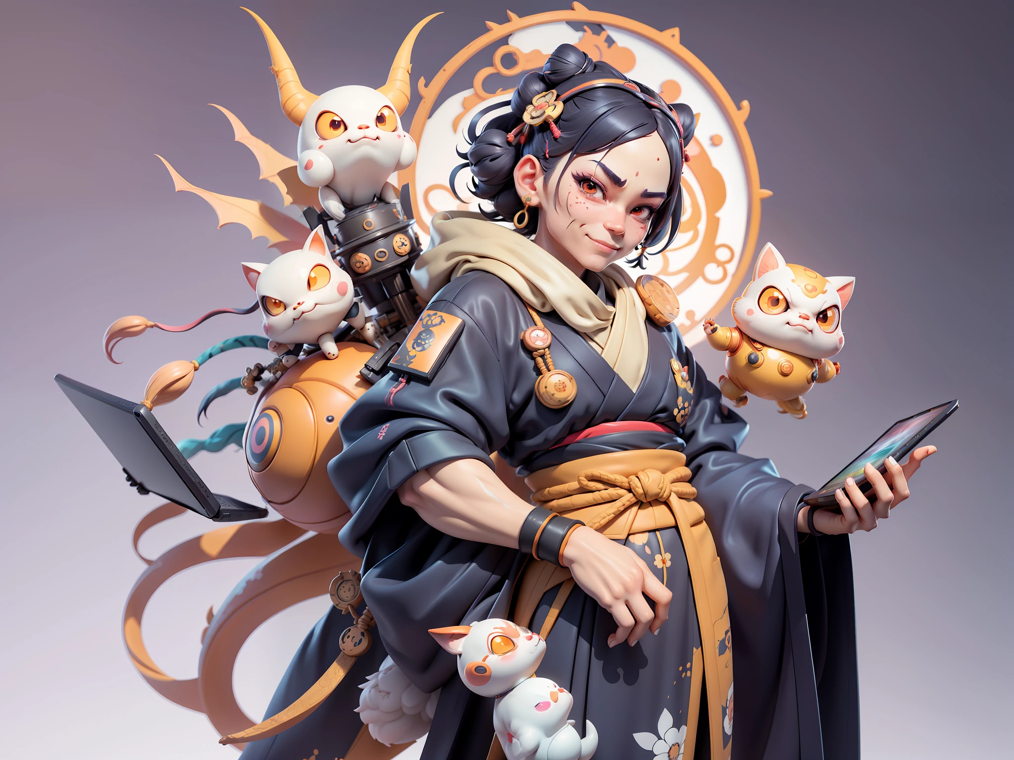 (Daisaku),(Need),(Super meticulous),(full bodyesbian:1.2),Japanese ukiyo-e girl，japanese geisha，Beautiful，Oriental dragon，Aeolian Thor，Raised sexy，爆乳，Oriental face，TV Anchor，Bust portrait illustration，Alone，In black suit，a blue tie，The face is slightly chubby，The face was clean，without a beard，Black super short hair，Black eyes，Smile confidently，3C computer sub-products，iPad， iphone，Digital painting，3D character design by Mark Clairen and Pixar and Hayao Miyazaki and Akira Toriyama，The illustration is a high-definition illustration in 4K resolution，With very detailed facial features and cartoon-style visuals。