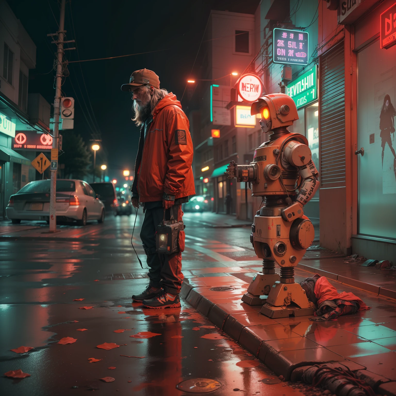 Kodak Portra 160mm photo, of a post apocalyptic homeless with a half robot photo in a neon lit a sidewalk , he was walking down the street in the red rain, highly detailed, intricate, realistic