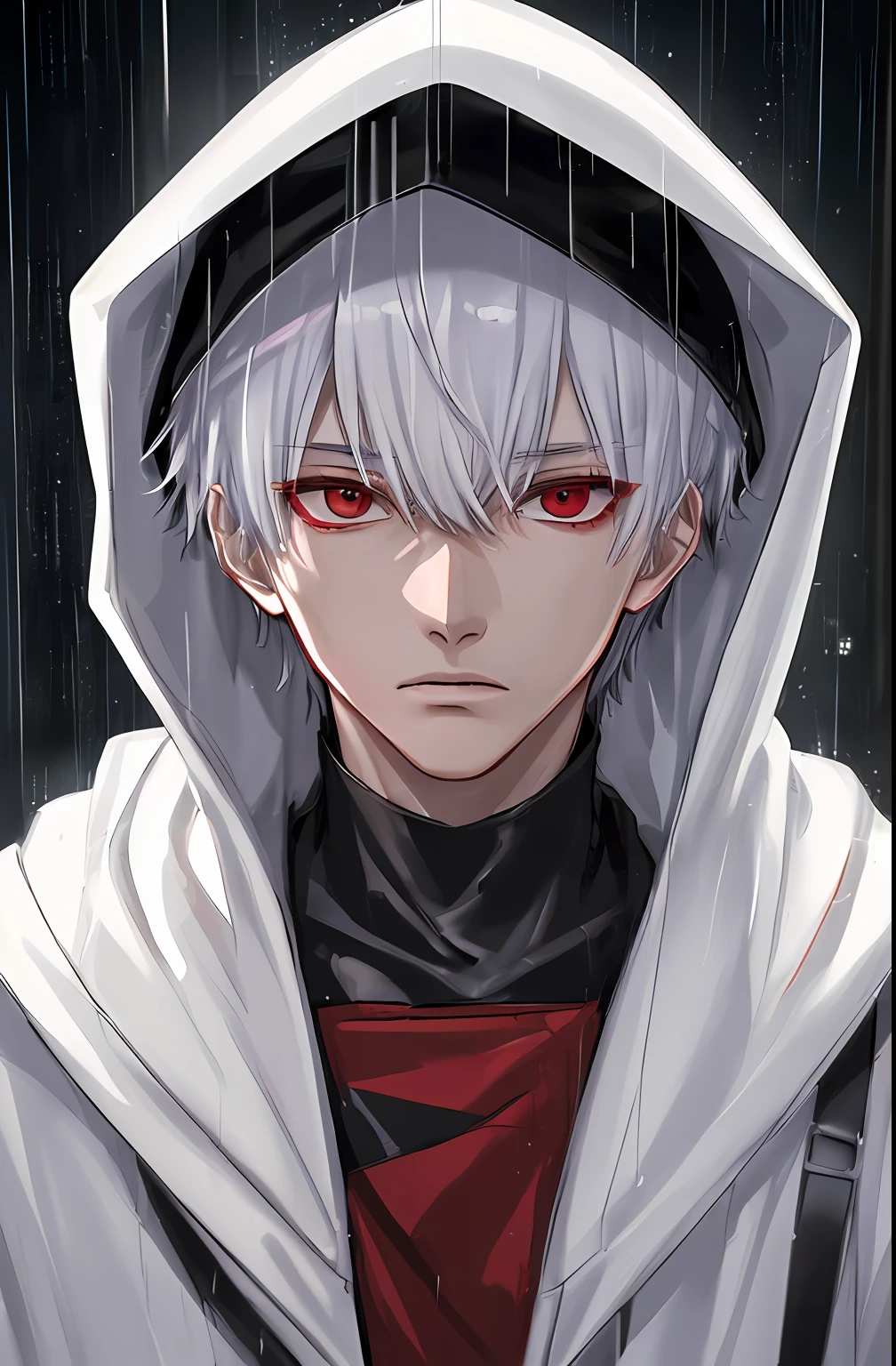 kk, best quality, more details, masterpiece, 1boy, kaneki ken, portrait, male focus, red eyes, solo, bangs, looking at viewer, hood, short hair, rain, tokyo tokyo \(city\),  hood up, nail polish, white hair, luxurious, 8k, detailed, ray tracing, depth of field, cinematic lighting,
