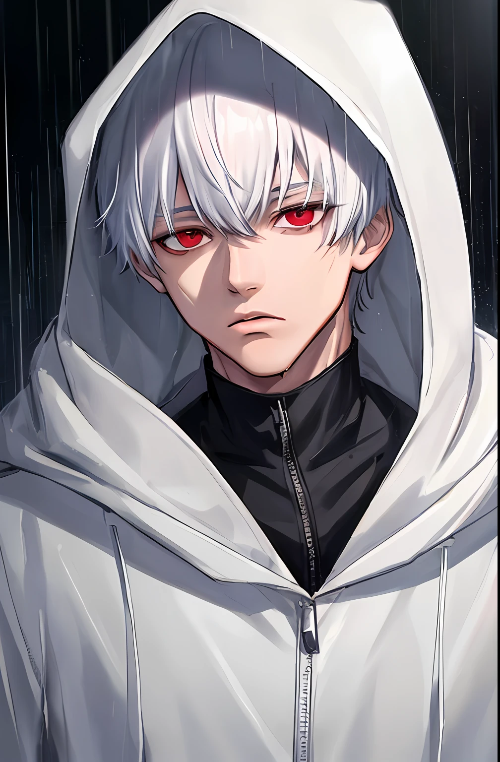 kk, best quality, more details, masterpiece, 1boy, kaneki ken, portrait, male focus, red eyes, solo, bangs, looking at viewer, hood, short hair, rain, tokyo tokyo \(city\), hood up, nail polish, white hair, luxurious, 8k, detailed, ray tracing, depth of field, cinematic lighting,