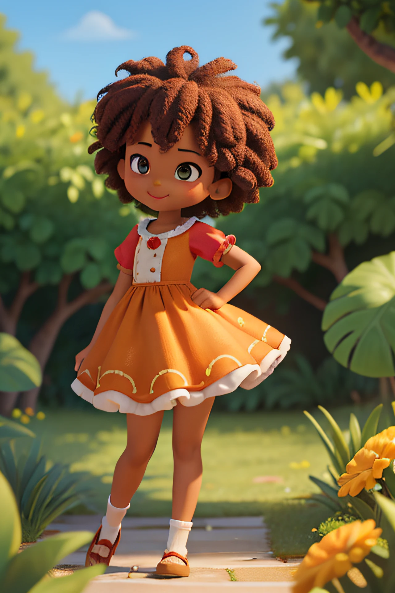 Chibi girl coffee color sunburned, feliz de 15 anos (marrom:1) afro: 1.25 Estilo Pixar: 1.25 afro: 2.40 (((sozinho))) cabelos cacheados: 2.3, (corpo inteiro: 2.32) vestindo vestido floral sapato preto,, Hair messed up by the wind, desenho animado sentada numa rua da cidade, arte digital detalhada bonito, painting digital adorable, Cartoon style illustration, stylized digital illustration, stunning digital illustration, bela arte digital, arte de pintura digital dos desenhos animados, pintura digital dos desenhos animados 3D, Beautiful digital illustration, Arte infantil em Artstation, detailed digital illustration, arte digital detalhada, digital illustation, exquisite digital illustration, 8k