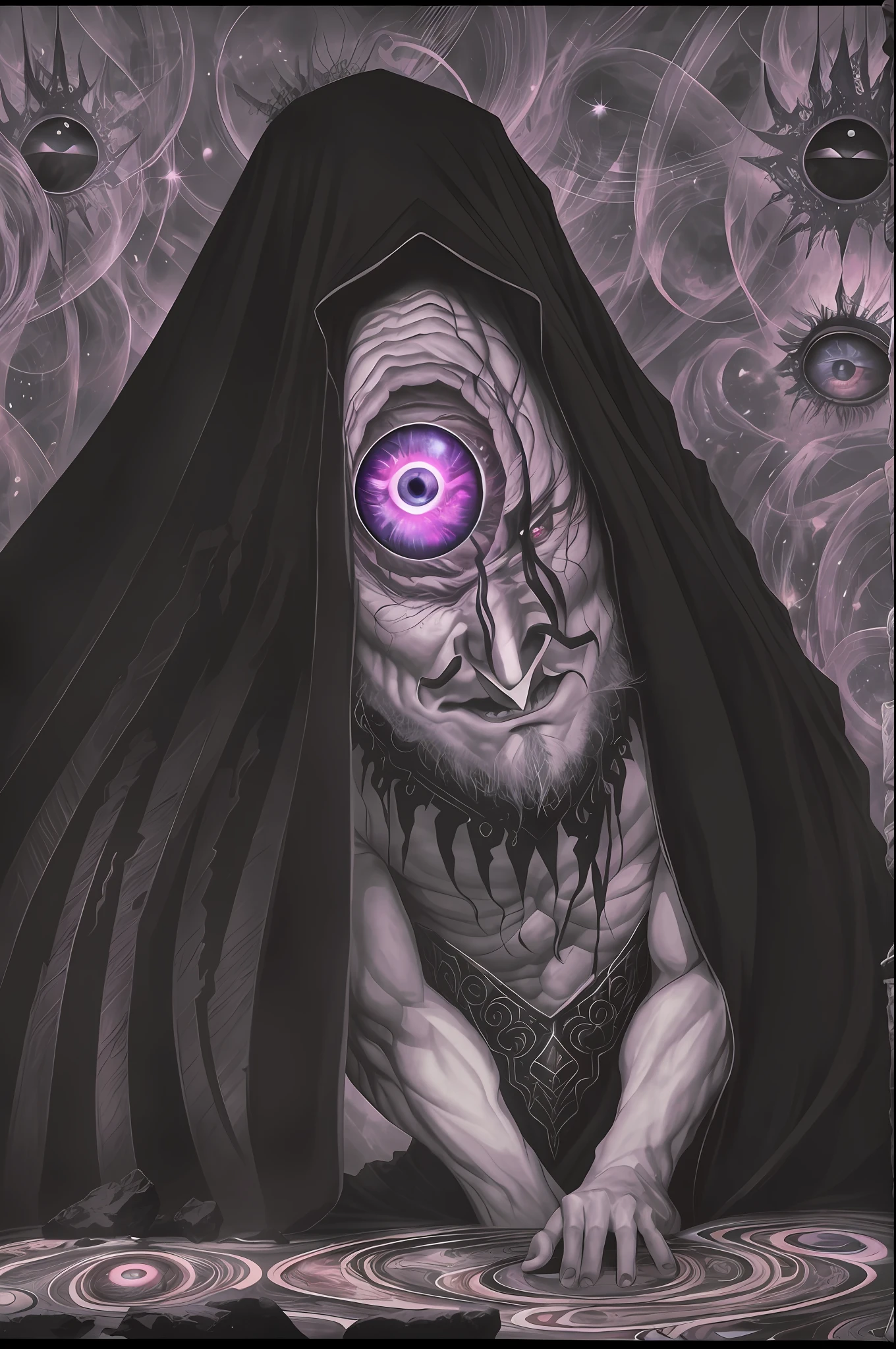 (absurdos, Altas Resoluciones, Ultra detallado, HDR), Obra maestra, La mejor calidad, Un hombre calvo sentado en Demon con un ojo gigante, en mirada arrogante, solamente, hombre rudo, demon eyeball, globo ocular gigante, asqueroso, Ala de demonio negro, cuerno de demonio, guapo, Ojos rojos, ojo brillante, black robe, Pendiente y accesorio, pecho desnudo, cara arrogante, cuerpo completo, magic vortex, chispa, remolino, Aura negra, un cielo negro y nublado, abismo, Antecedentes abstractos, desde un lado, buscar, sonrisa malvada