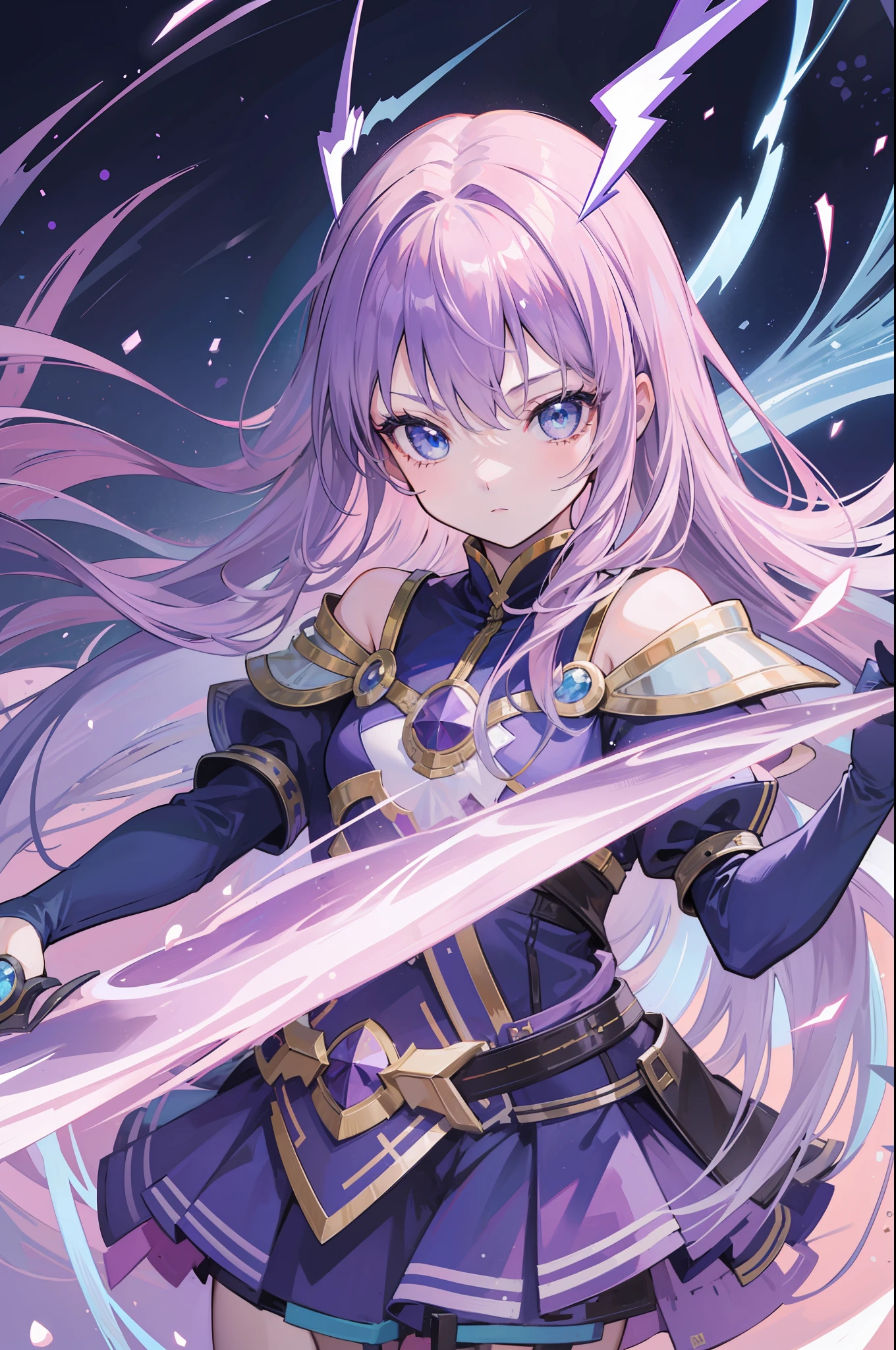 1 girl in、Purple long hair、Blue eyes、electric shock、Fantasy Clothing、Inazuma、Wearing lightning、a cool、Fantasy background、The dragon、(High resolution of the highest quality)、((Masterpiece Highest Quality:1.2)), [[bad face]], [[Tangled fingers]], [[Fused fingers]], [[Malformed hands]], [[[Multiple arms]]]