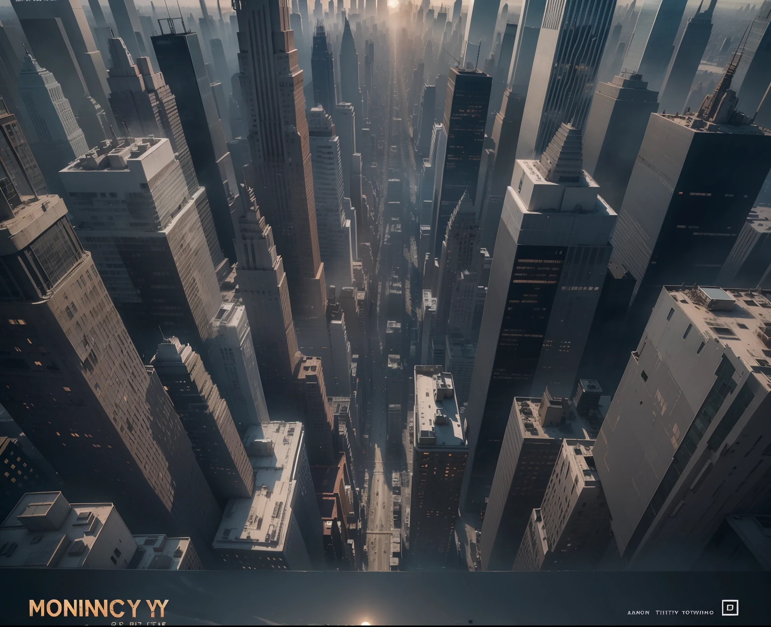 morning sunrise, post apocalyptic, top down aerial view of city, new york, lights on, grey tones