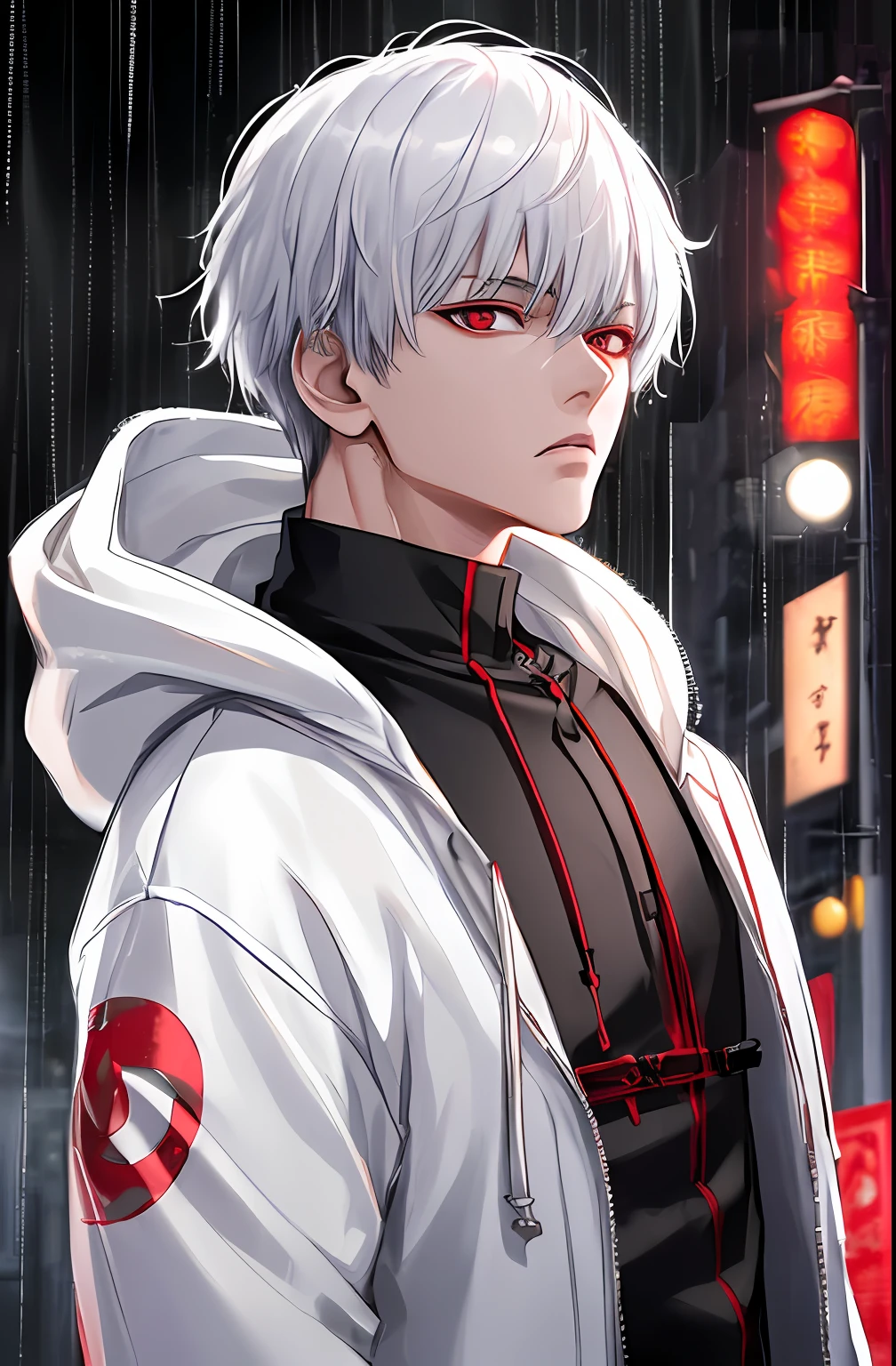 kk, best quality, more details, masterpiece, 1boy, kaneki ken, portrait, male focus, red eyes, solo, bangs, looking at viewer, hood, short hair, rain, tokyo tokyo \(city\),  hood up, nail polish, white hair, luxurious, 8k, detailed, ray tracing, depth of field, cinematic lighting,