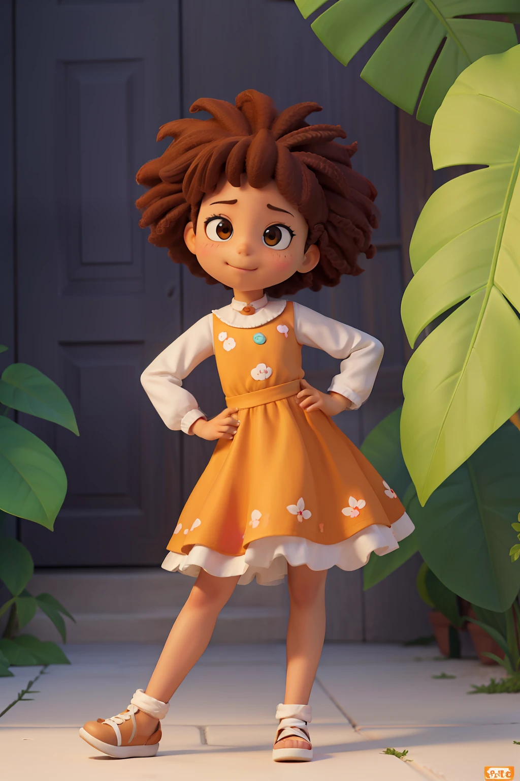 Chibi girl coffee color sunburned, feliz de 15 anos (marrom:1) afro: 1.25 Estilo Pixar: 1.25 afro: 2.40 (((sozinho))) cabelos cacheados: 2.3, (corpo inteiro: 2.32) vestindo vestido floral sapato preto,, Hair messed up by the wind, desenho animado sentada numa rua da cidade, arte digital detalhada bonito, painting digital adorable, Cartoon style illustration, stylized digital illustration, stunning digital illustration, bela arte digital, arte de pintura digital dos desenhos animados, pintura digital dos desenhos animados 3D, Beautiful digital illustration, Arte infantil em Artstation, detailed digital illustration, arte digital detalhada, digital illustation, exquisite digital illustration, 8k